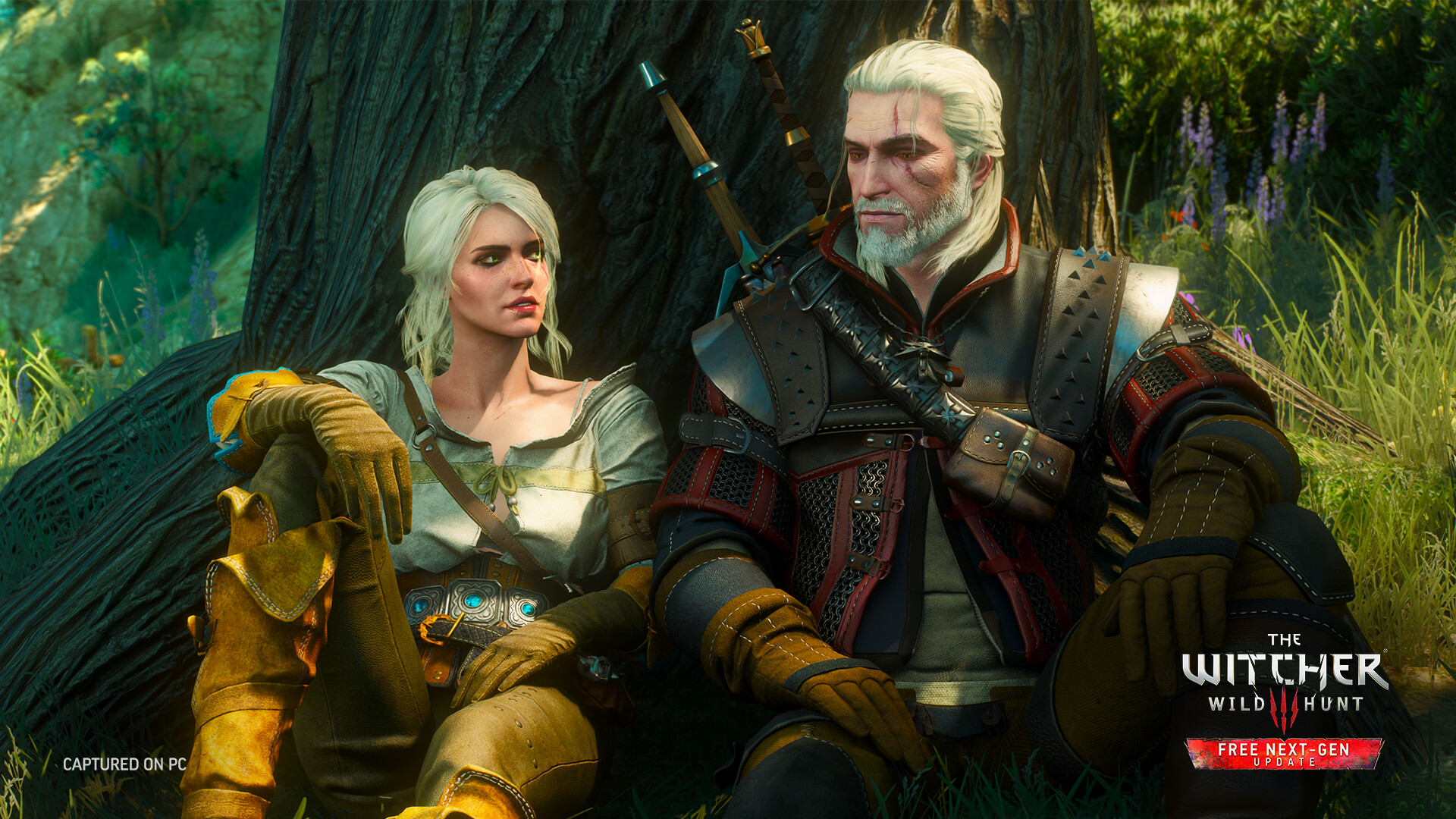 Geralt et Ciri sont assis ensemble sous un arbre.