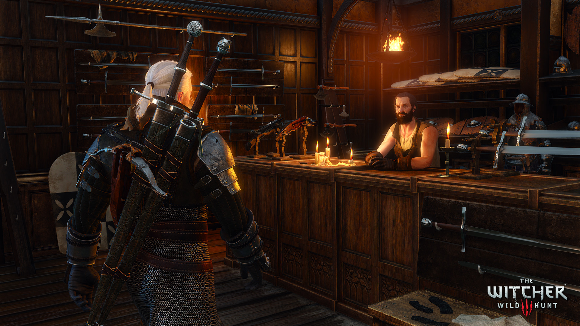 Geralt discute avec un aubergiste derrière son comptoir.