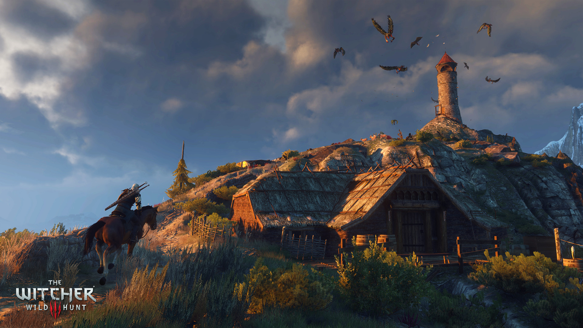 Geralt approche d’un village côtier dominé par un phare.