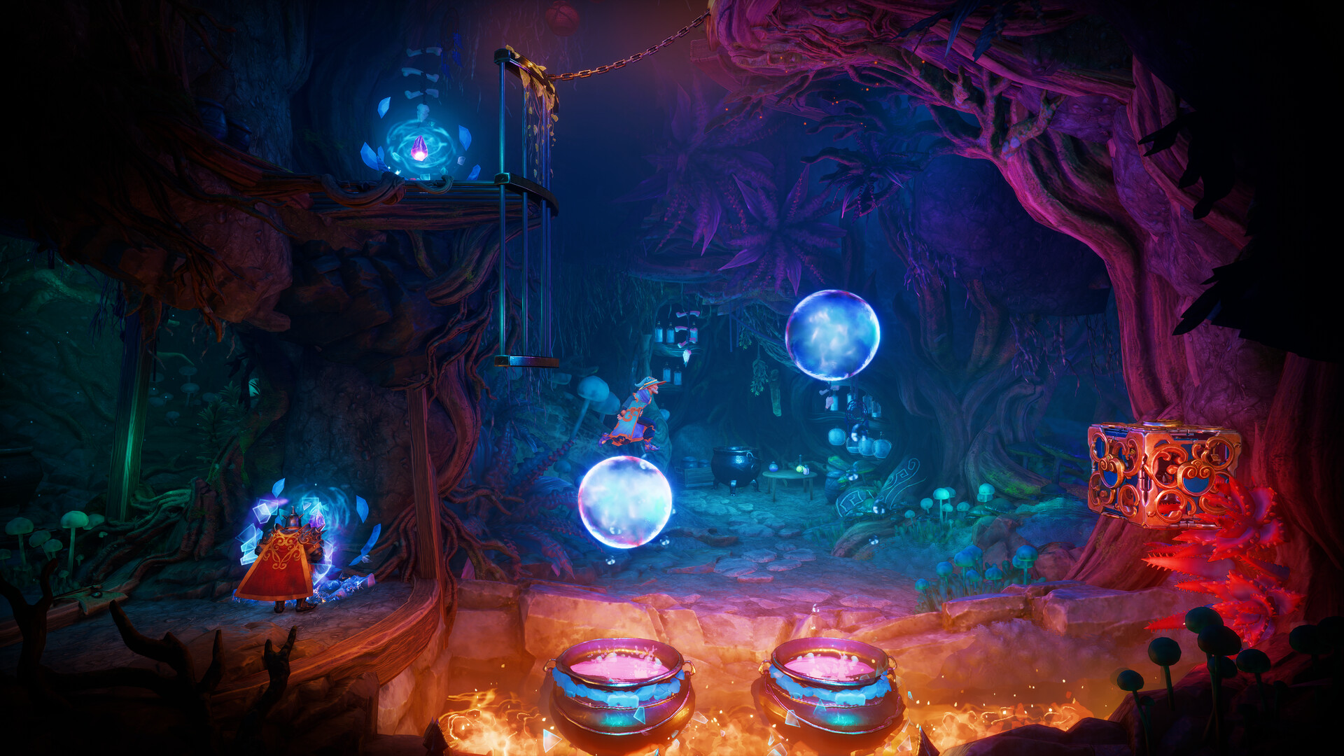 Des orbes flottent au-dessus de plateformes lumineuses.