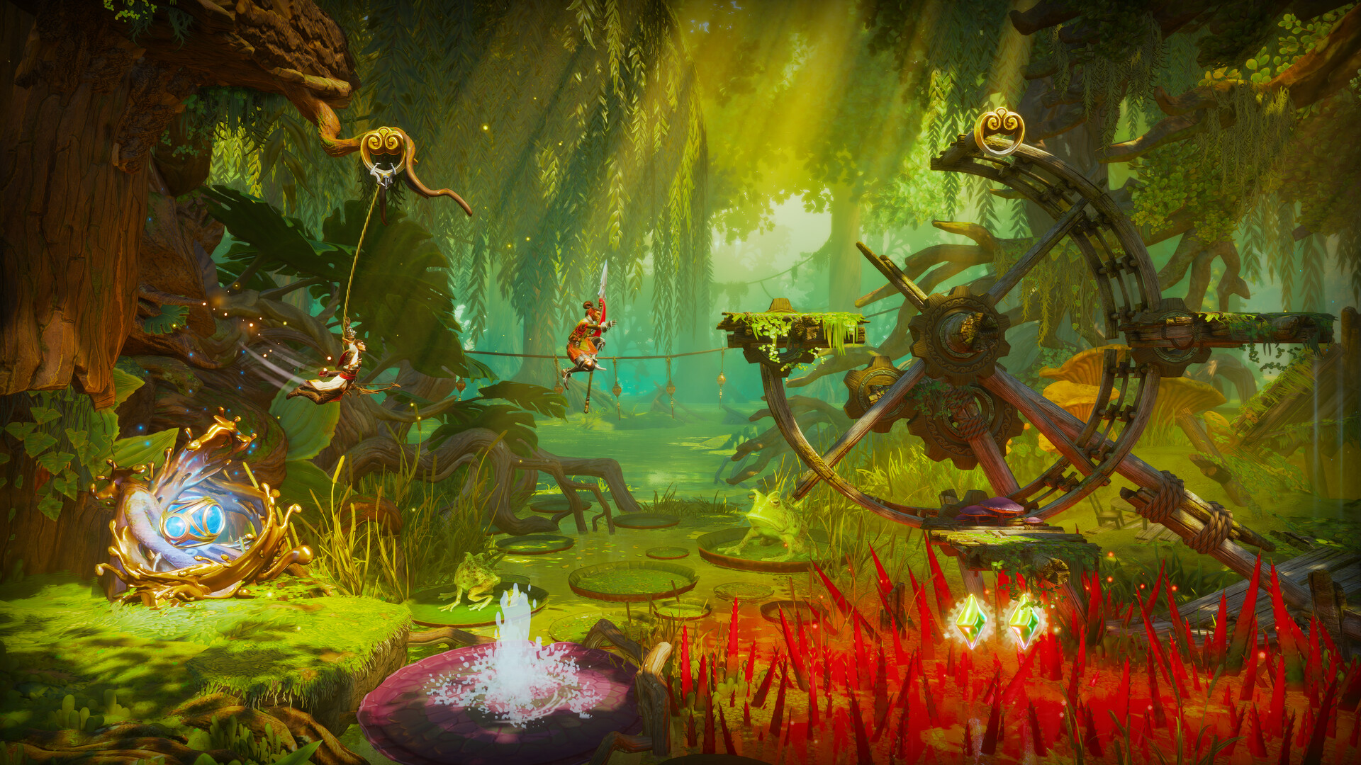 Des personnages explorent une forêt traversée de mécanismes.