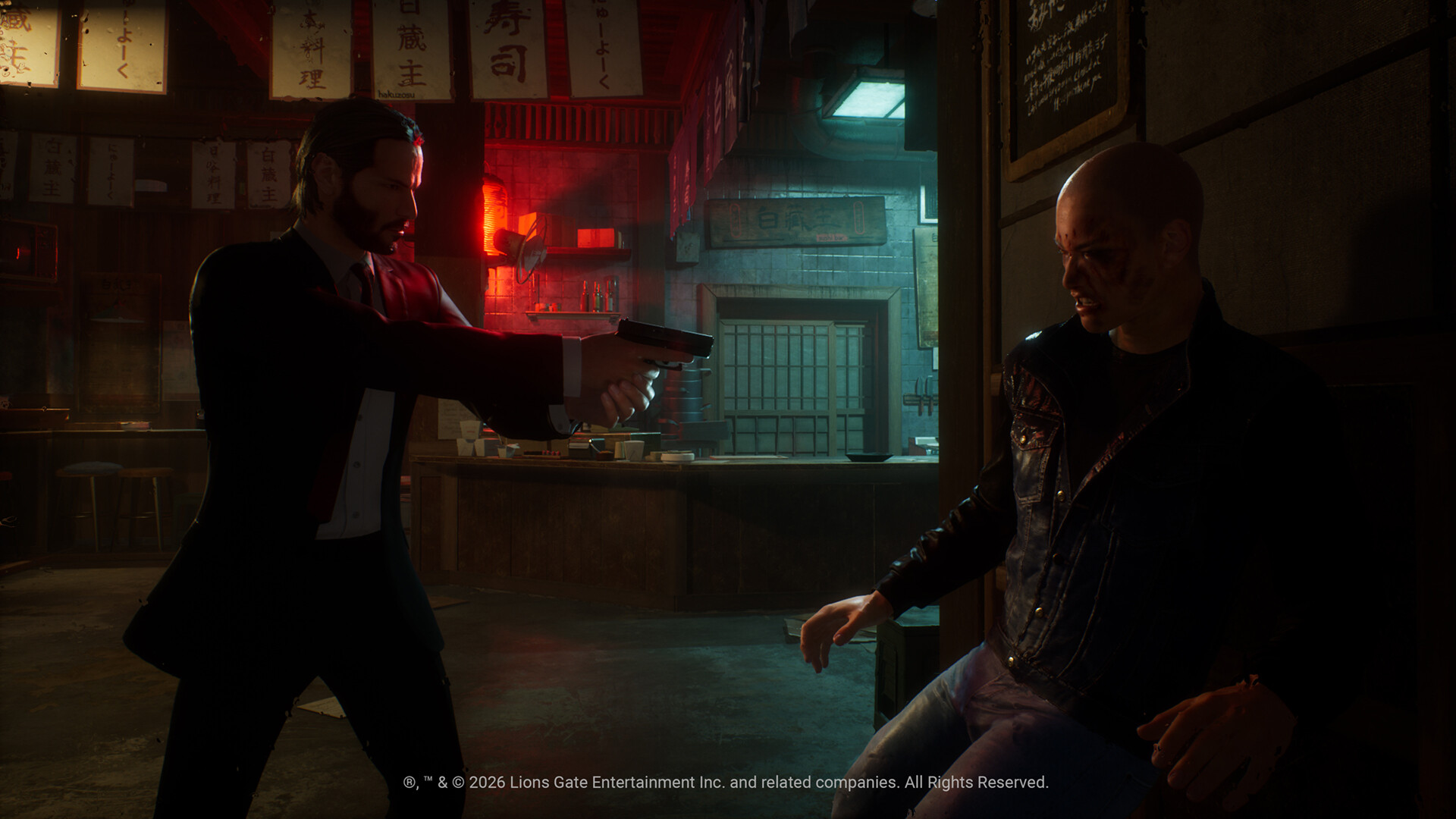 Visuel officiel du jeu John Wick : affrontement dans un intérieur éclairé au néon.