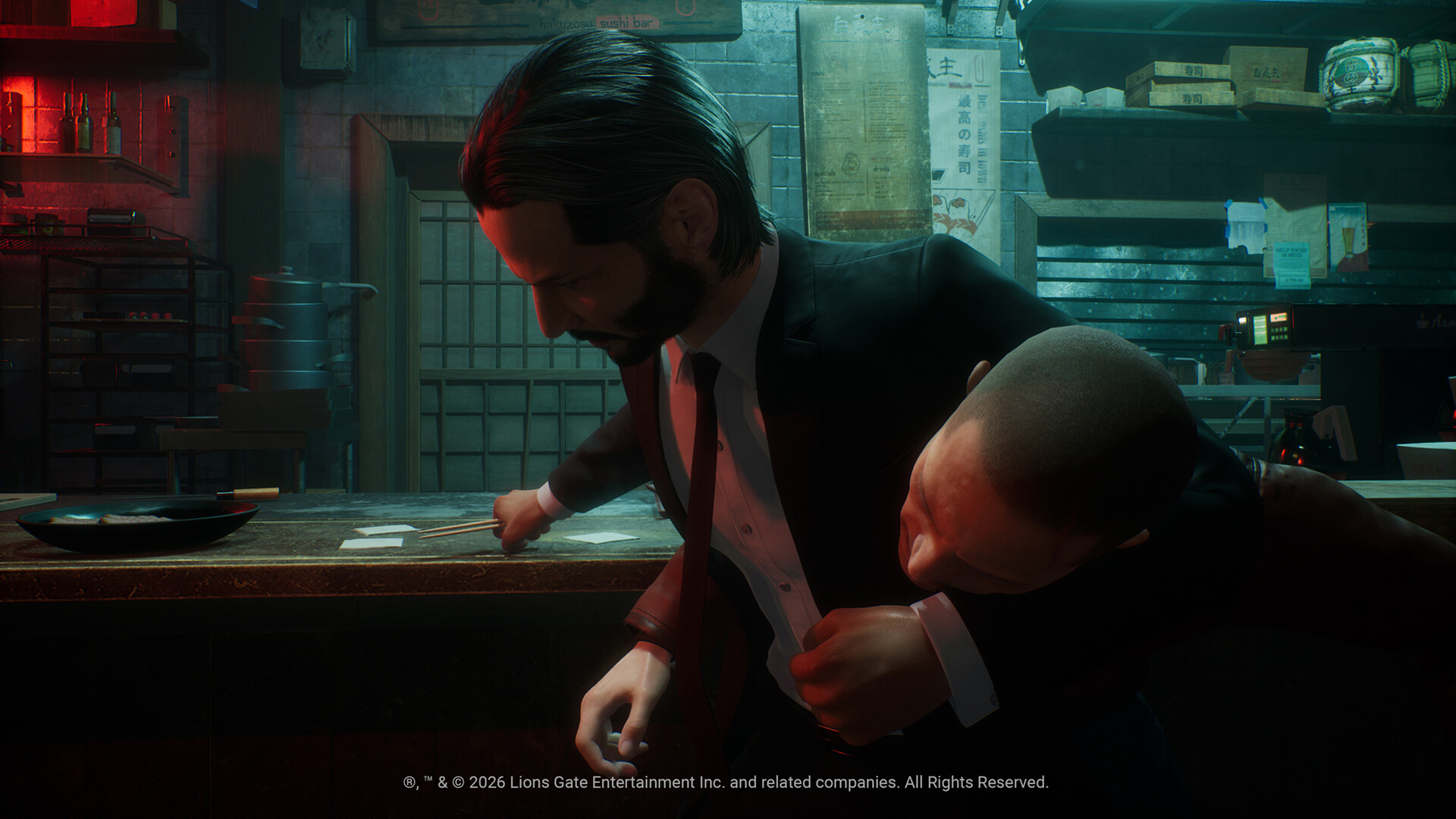 Visuel officiel du jeu John Wick : prise au corps à corps devant un comptoir.