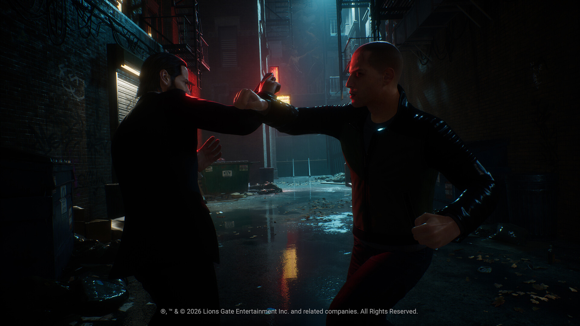 Visuel officiel du jeu John Wick : affrontement armé dans une ruelle.