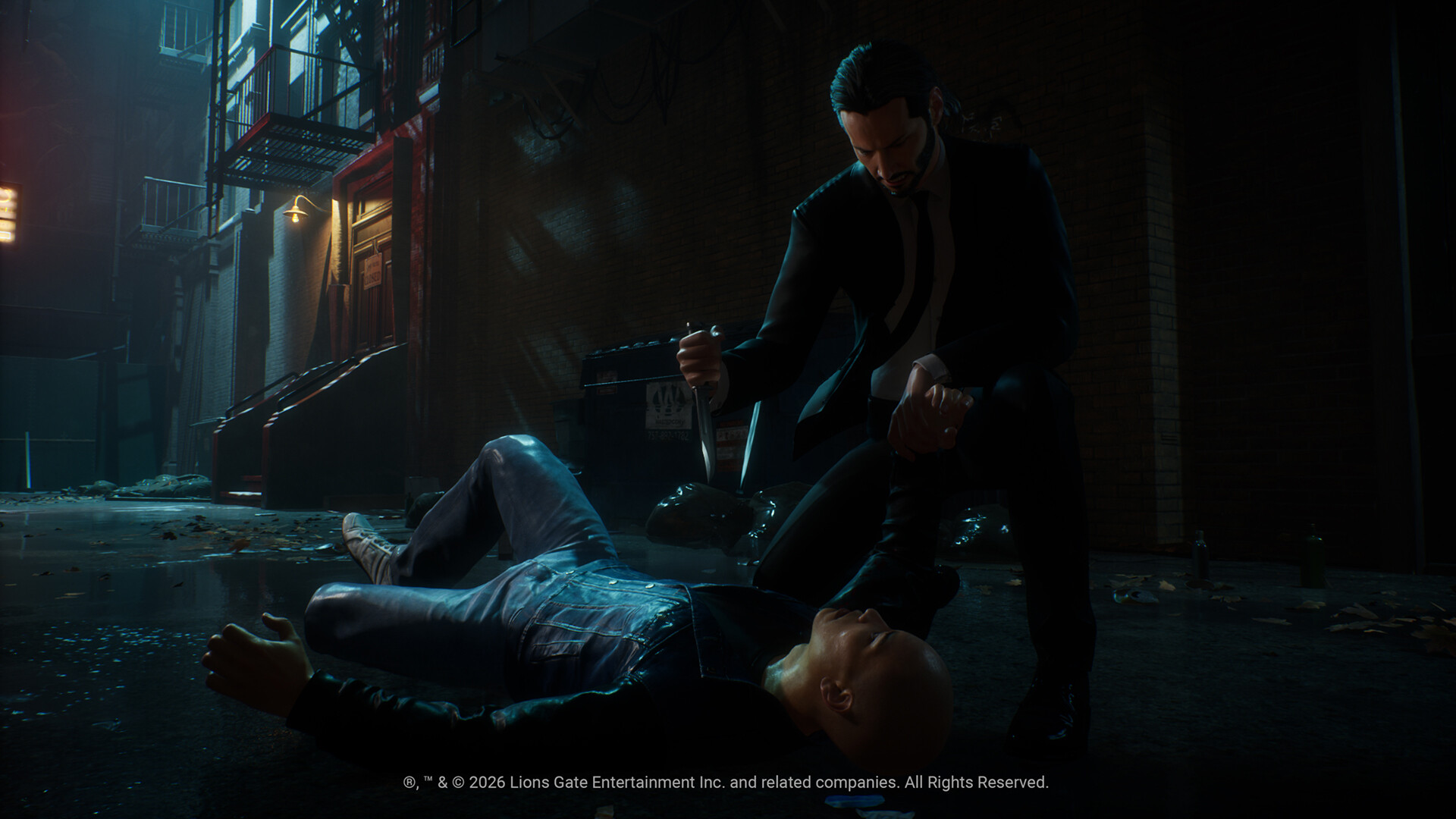Visuel promotionnel officiel de John Wick : personnage agenouillé dans une ruelle nocturne.