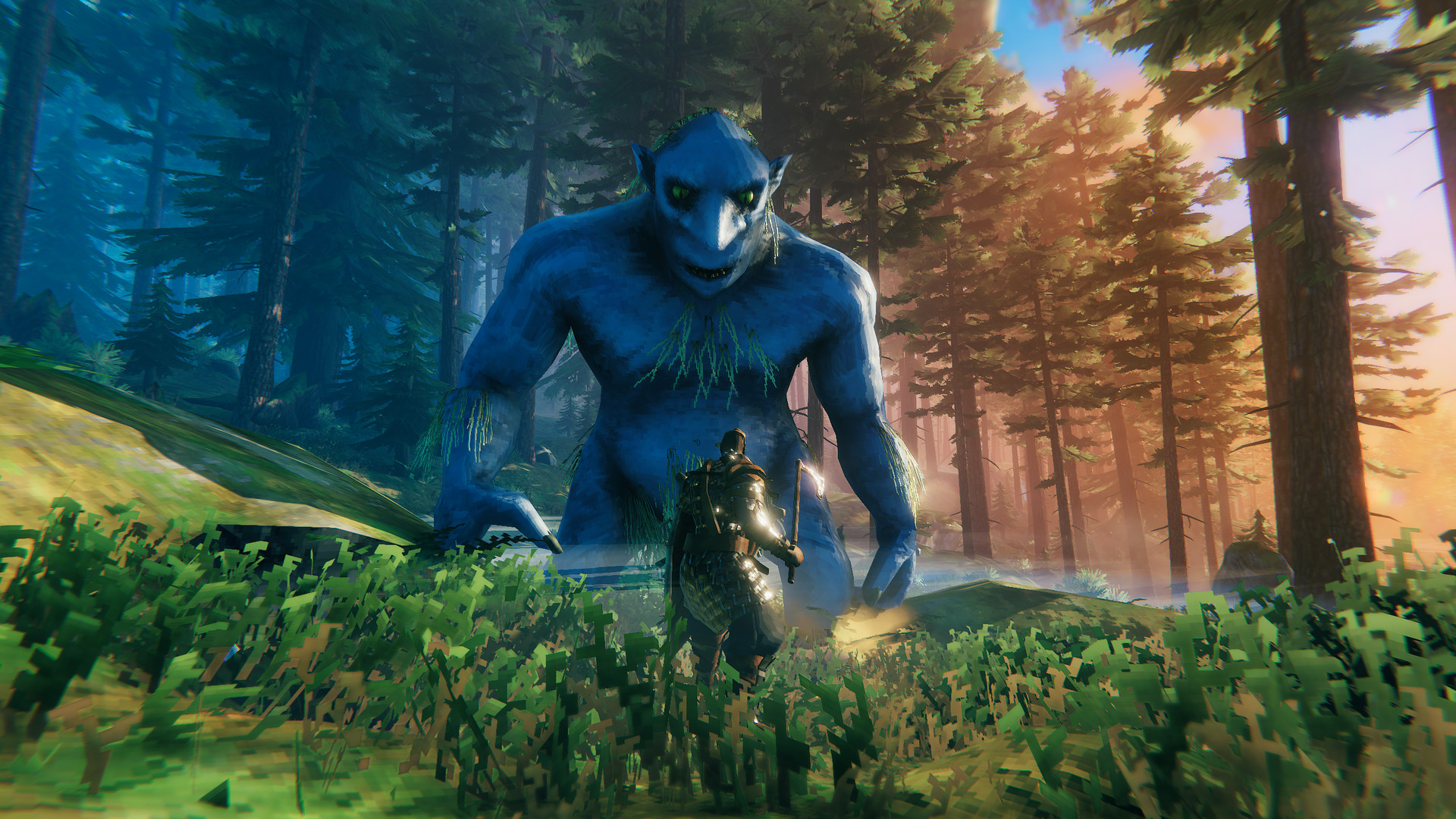 Un troll bleu se dresse dans une forêt.