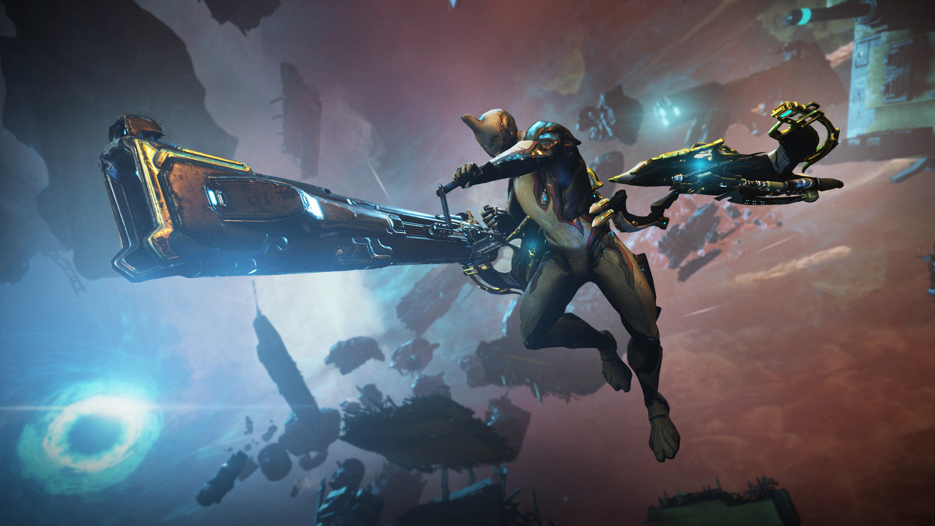 Un Warframe évolue dans l’espace avec une arme lourde.