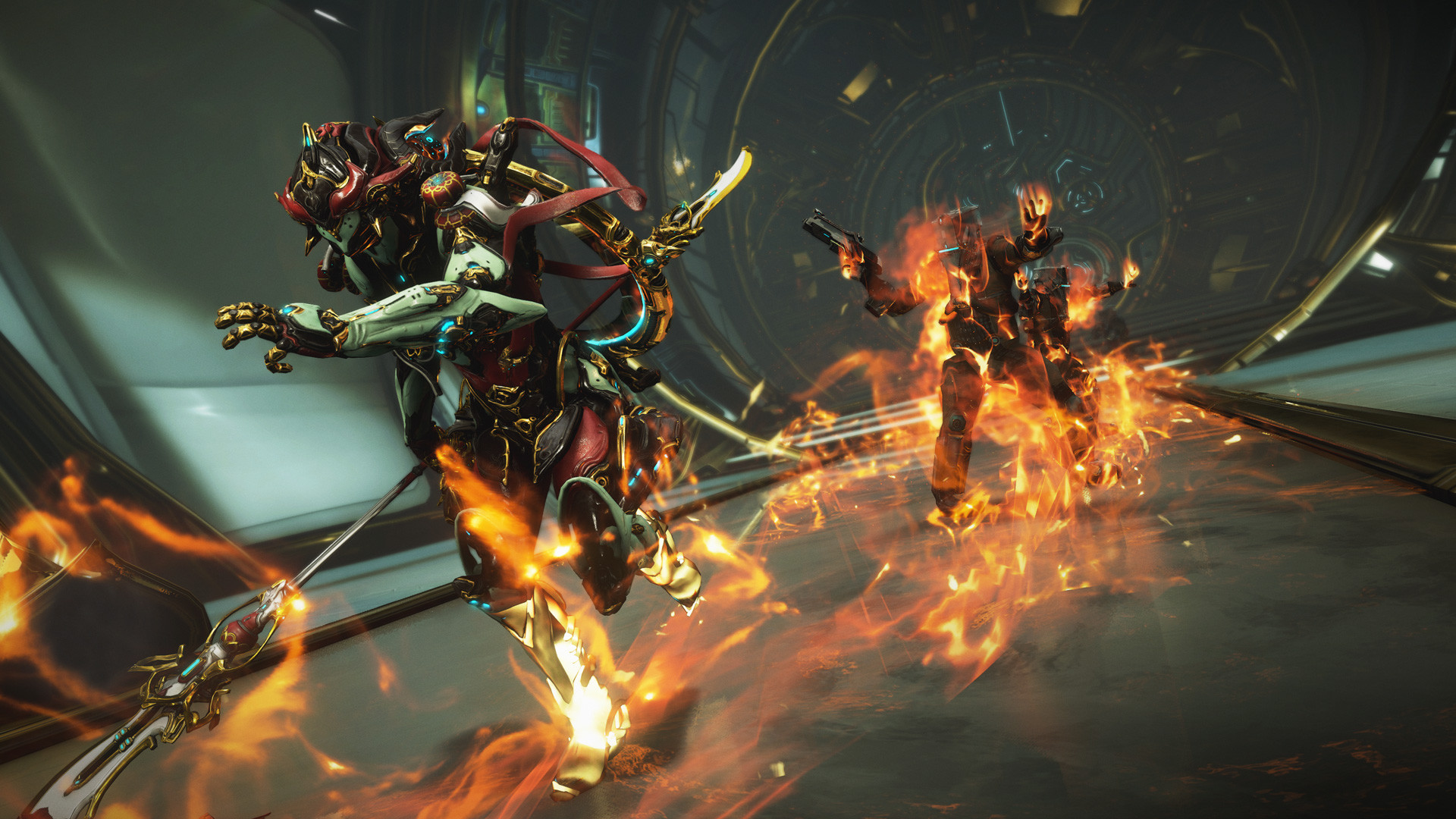 Deux Warframes utilisent leurs pouvoirs dans un couloir métallique.