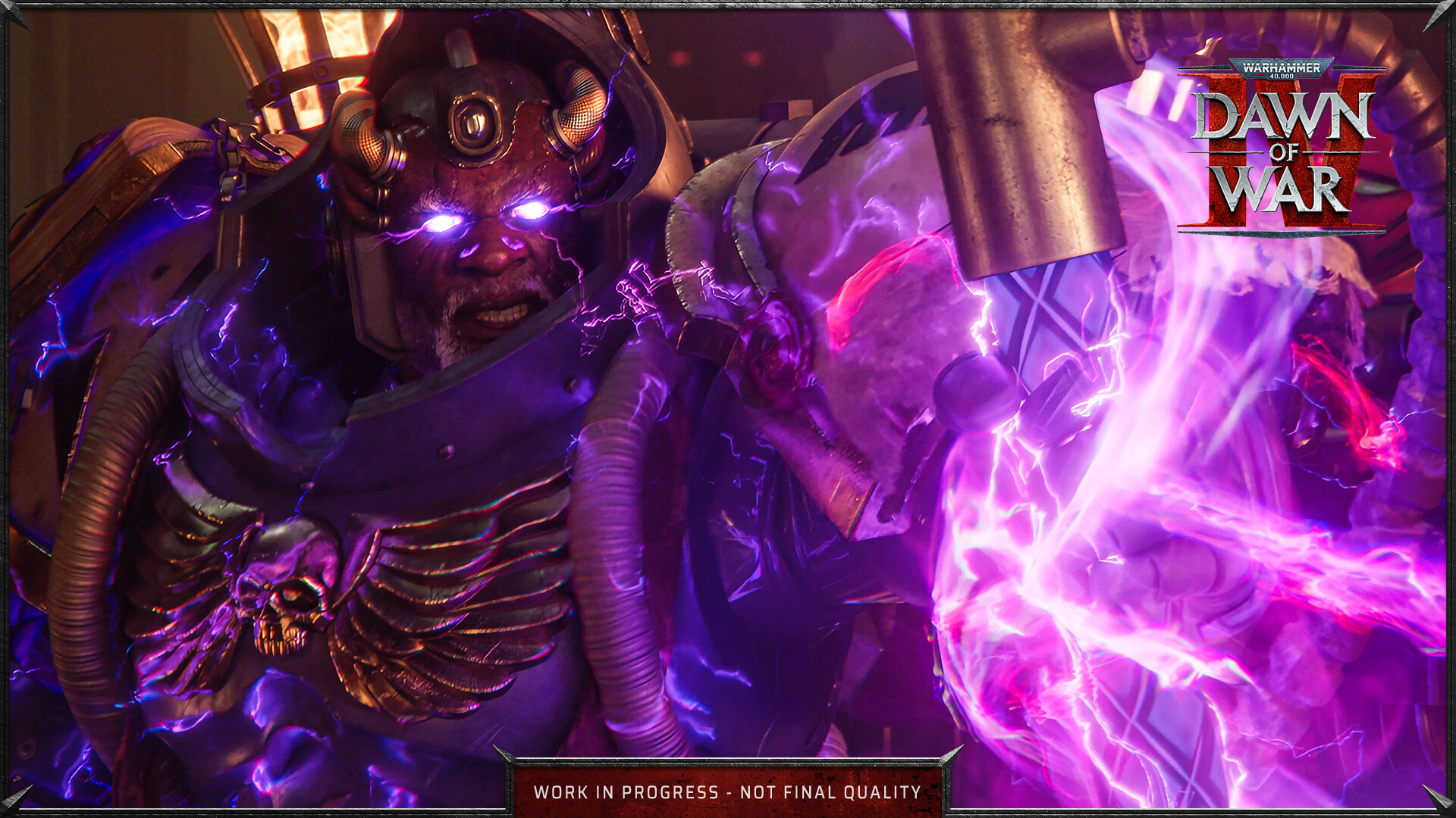Un guerrier en armure déploie une énergie violette.