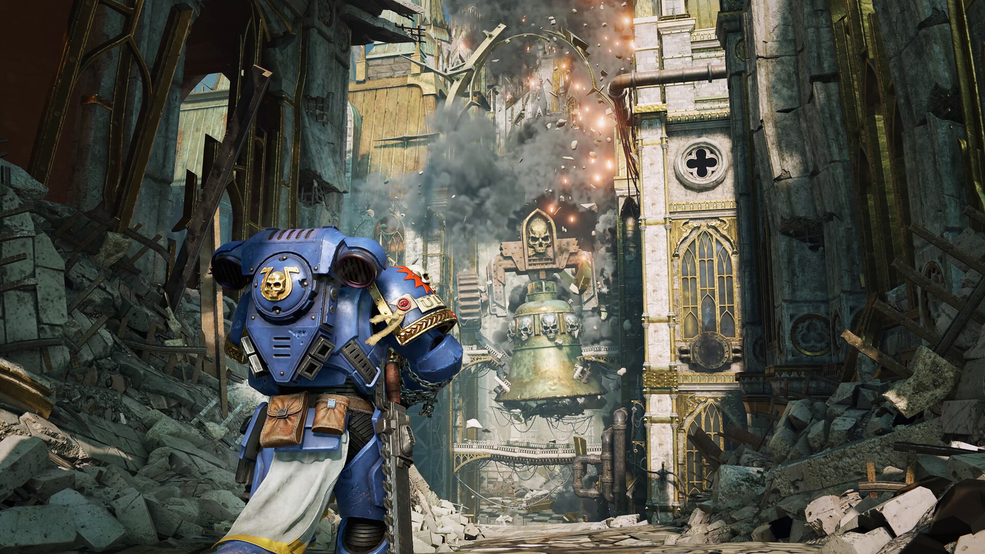 Space Marine dans une ville en ruines — Warhammer 40,000: Space Marine 2, visuel officiel