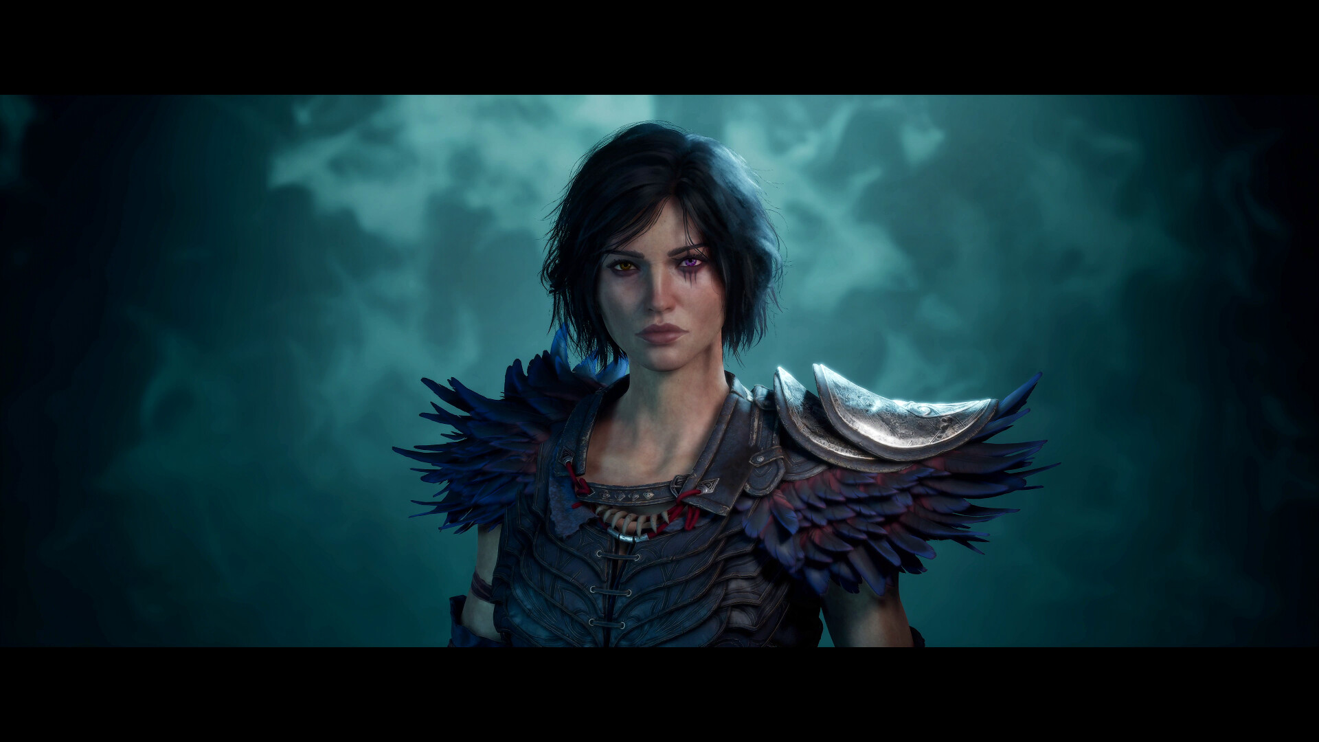 Portrait d’une femme en armure devant un paysage sombre.