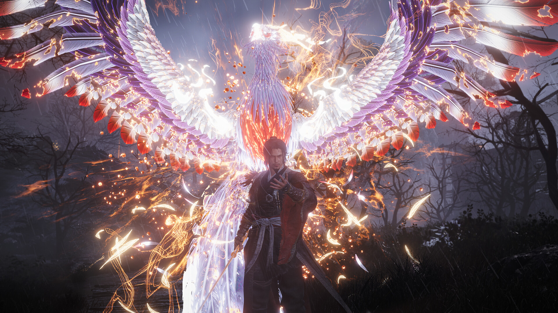 Un guerrier fait face à un grand oiseau lumineux.
