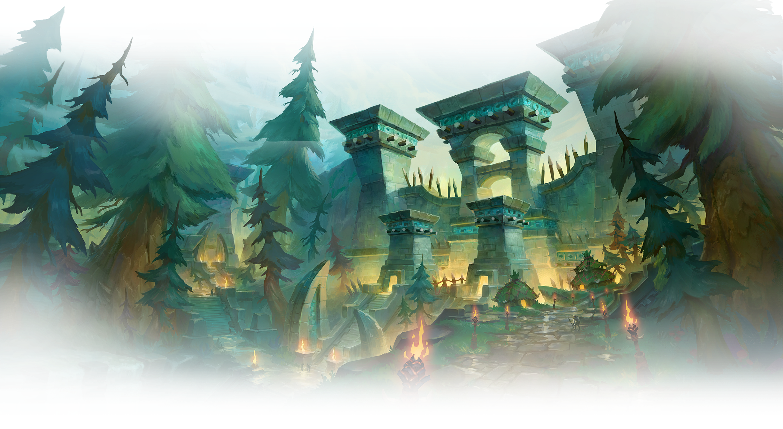 Illustration officielle d’une forteresse entourée de forêt.