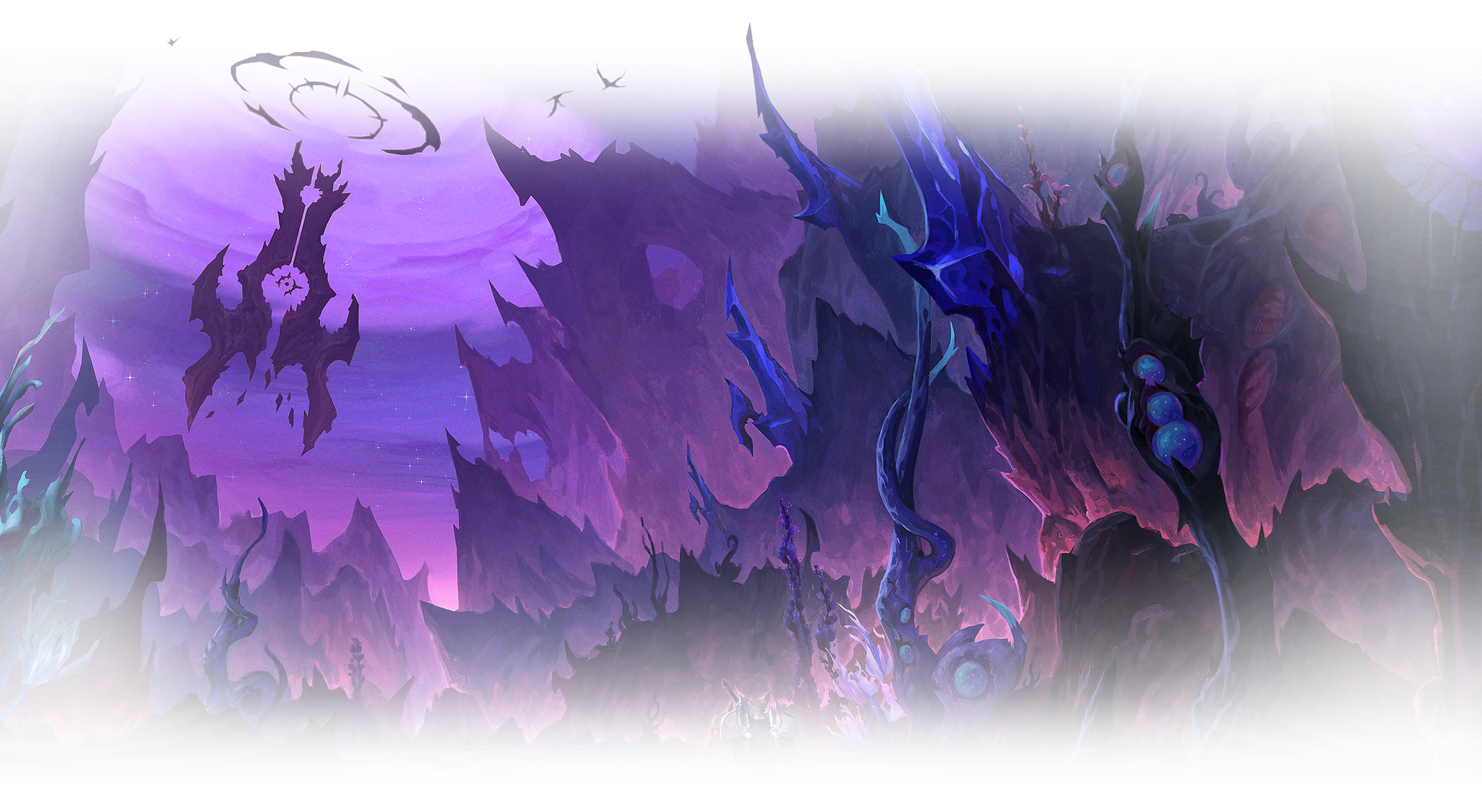 Illustration officielle d’un paysage violet aux reliefs déchiquetés.