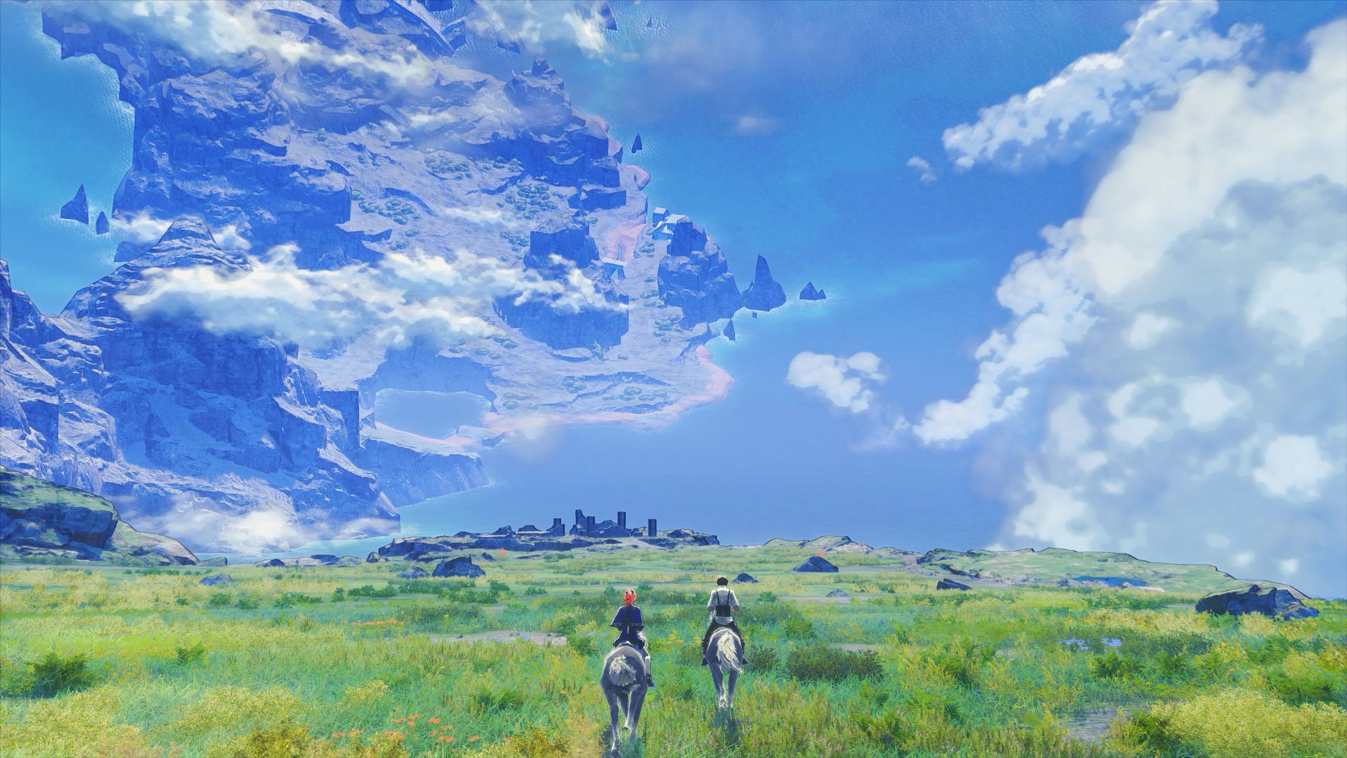 Deux personnages traversent une prairie sous un vaste ciel bleu.