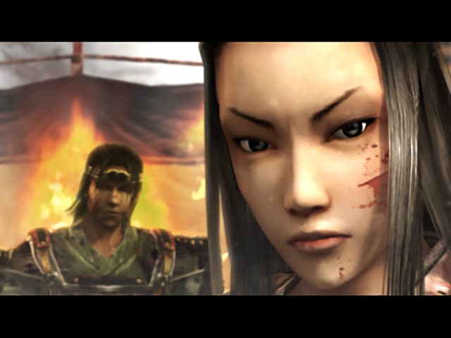 Yoshitsune Eiyuden Shura : scène narrative avec un combattant.