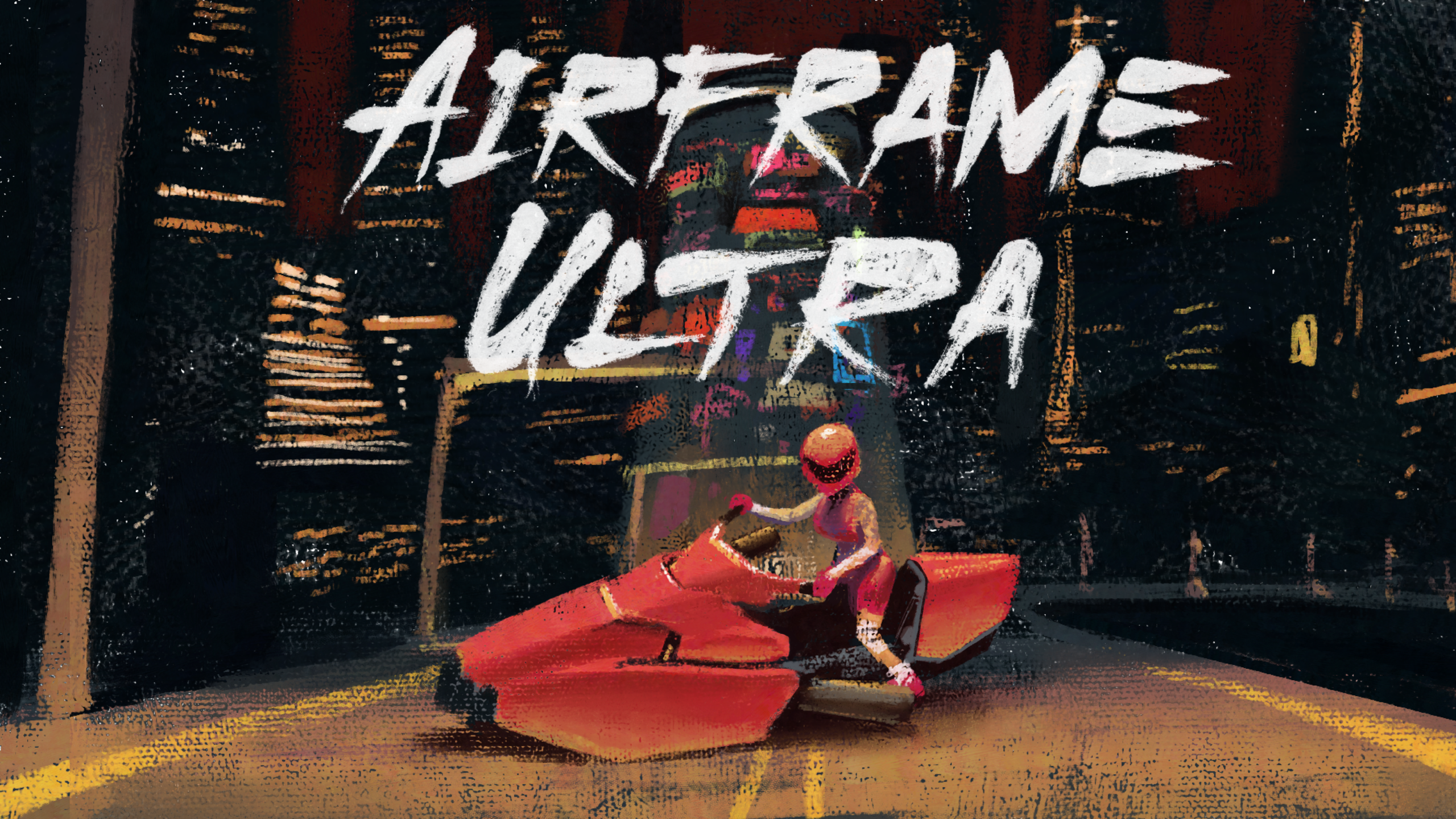 Key art officiel d’Airframe Ultra : pilote casqué sur une moto en lévitation rouge orangé, devant les tours de Megacity West. Crédit : Videocult / Akupara Games.