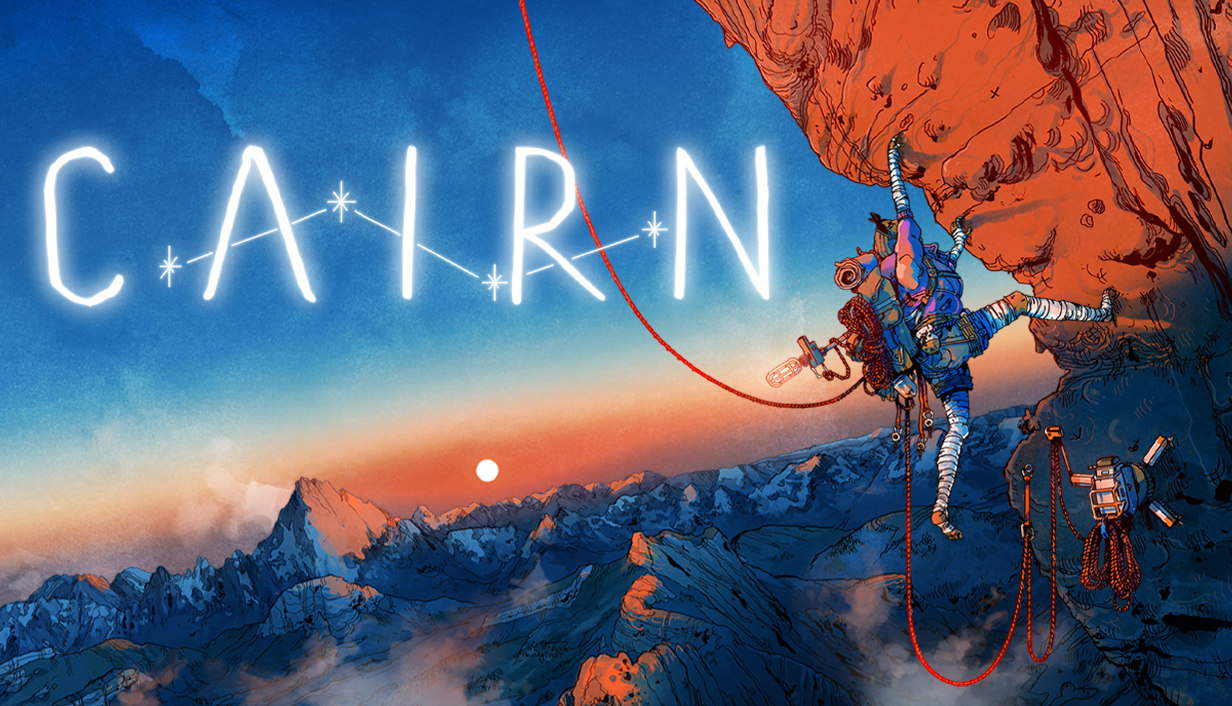 Illustration officielle complète de Cairn : Aava gravit une paroi orangée au-dessus des montagnes.