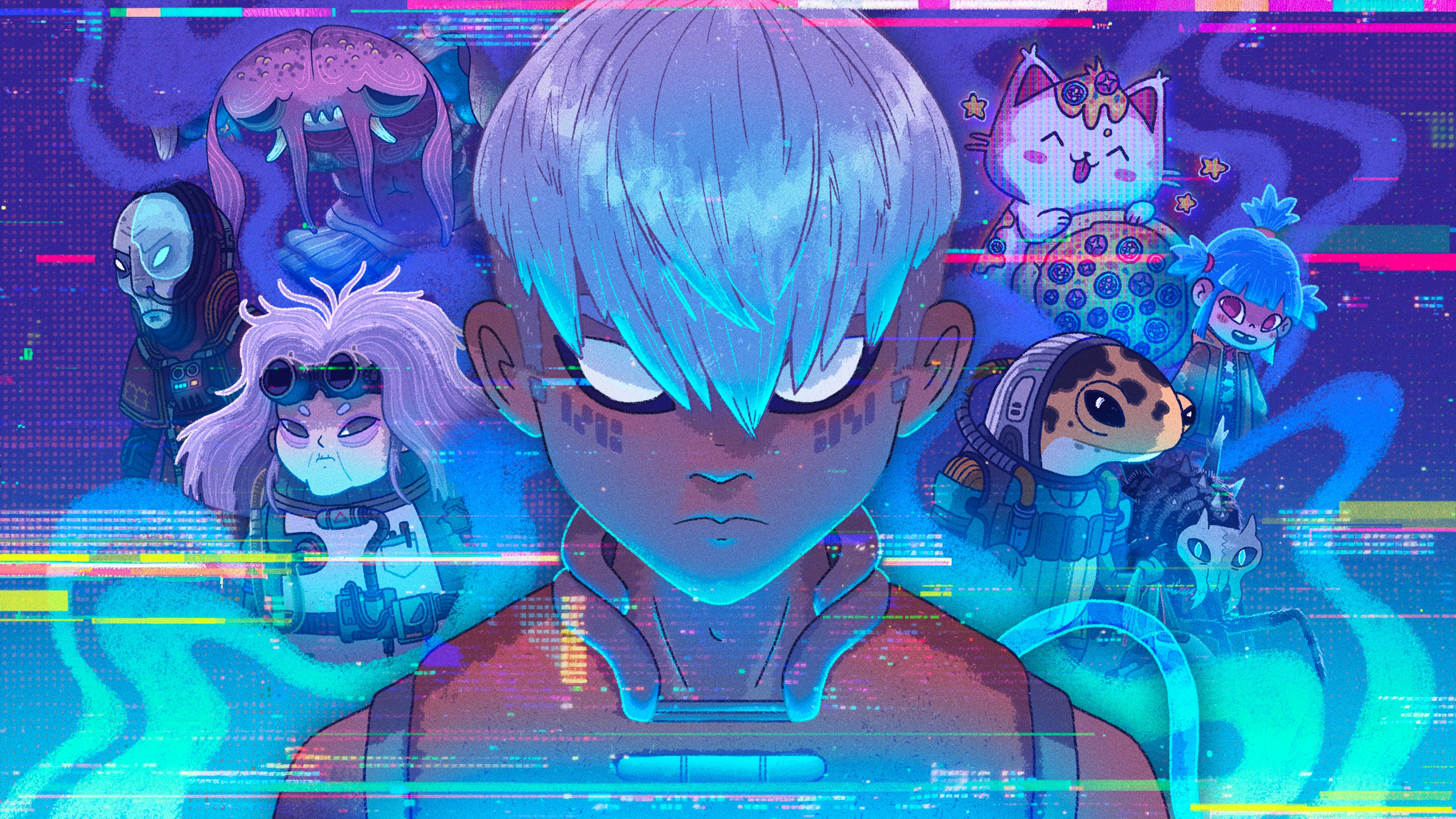 Le Weaver entouré des personnages de son monde et d’interférences colorées, key art officiel.