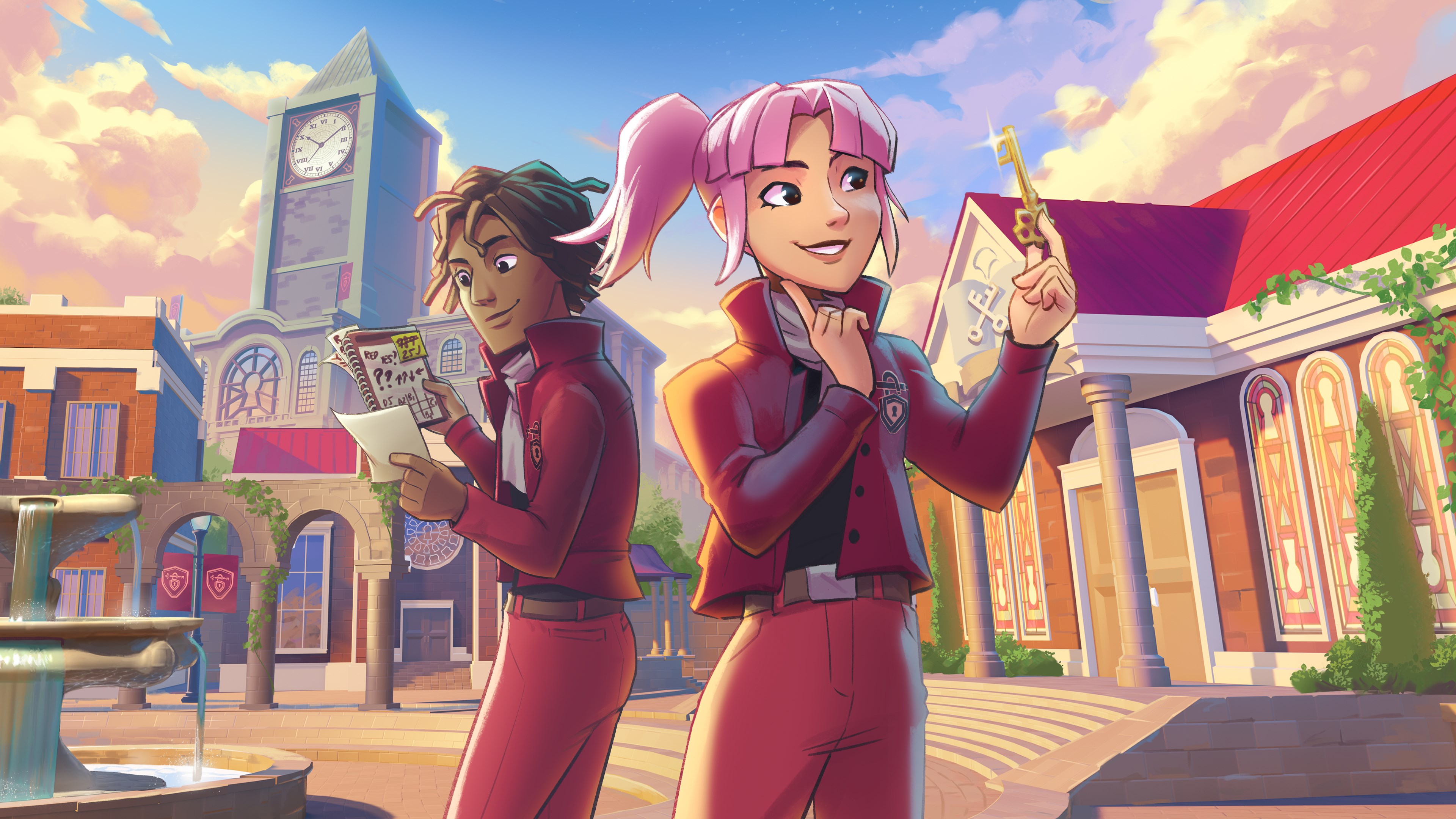 Key art officiel d’Escape Academy 2 : deux élèves en uniforme devant le campus, tenant une clé et un carnet d’énigmes. Crédit : Coin Crew Games / iam8bit Presents.