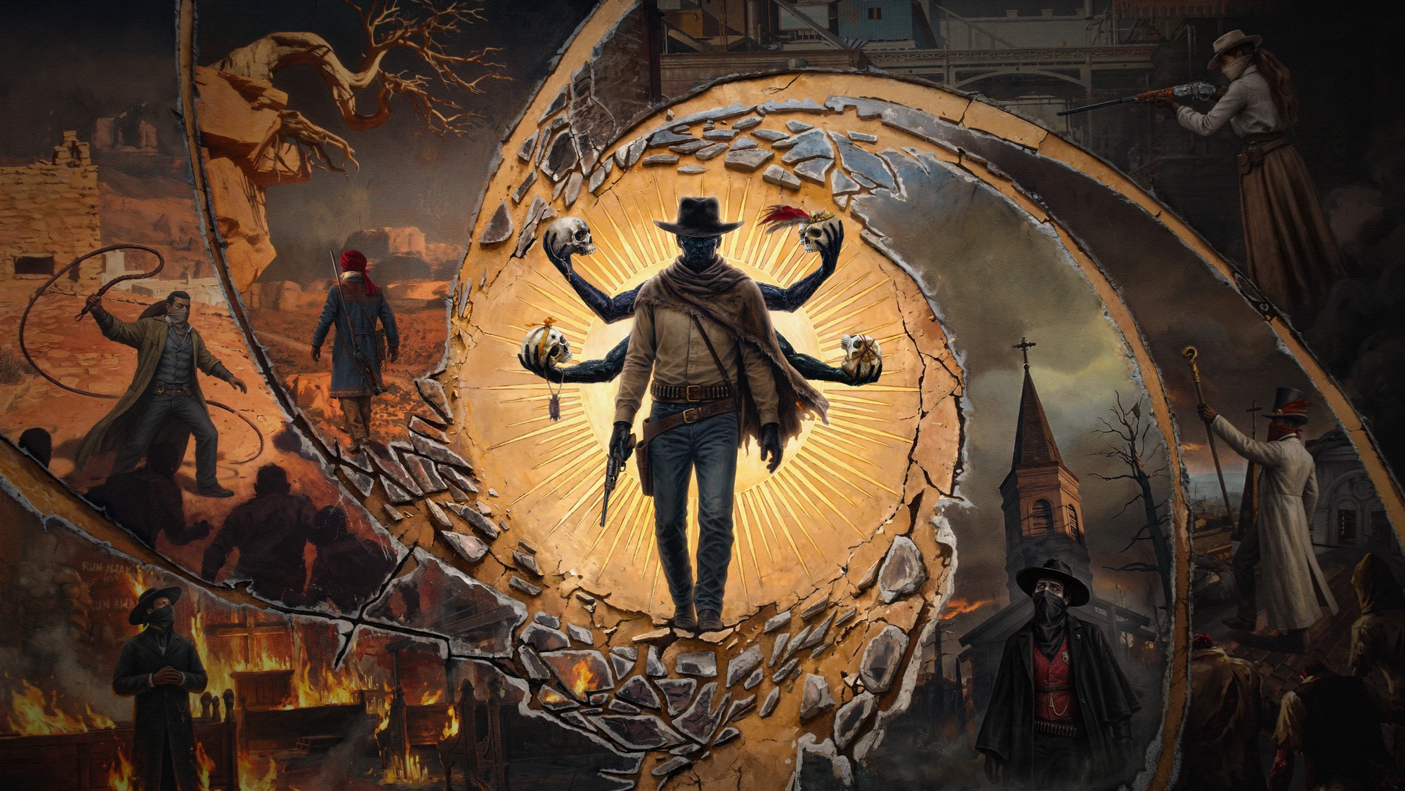 Key art officiel de Guns of Eschaton : un pistolero masqué devant un halo doré, entouré de silhouettes et de scènes de western apocalyptique. Crédit : Eschatology Entertainment / 4Divinity.