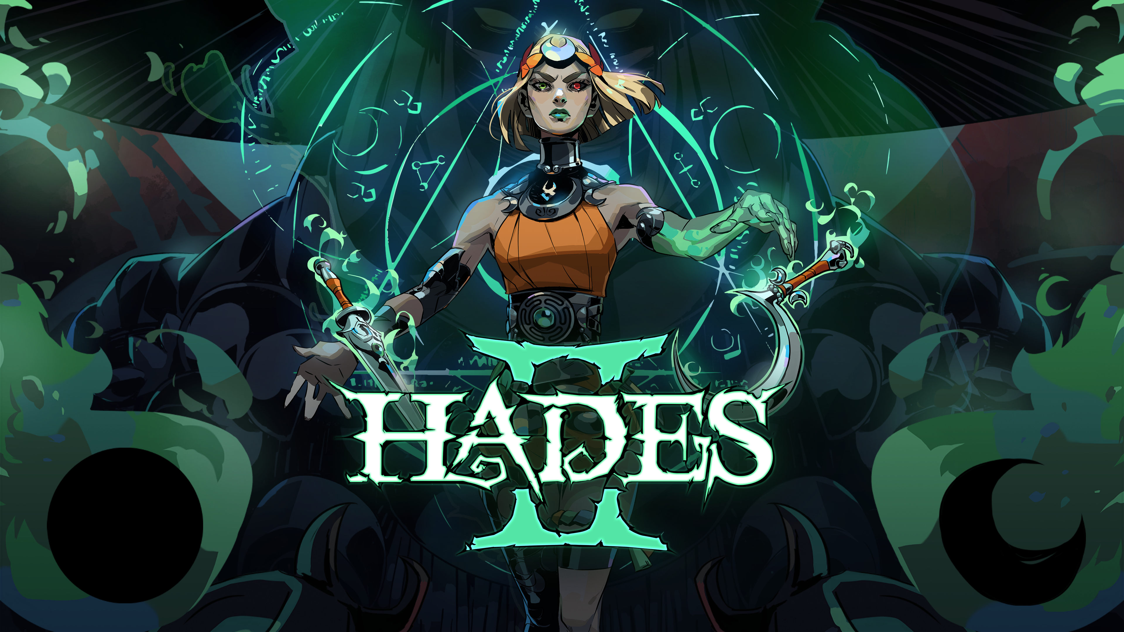 Illustration officielle complète de Hades II avec Mélinoé et le titre du jeu.