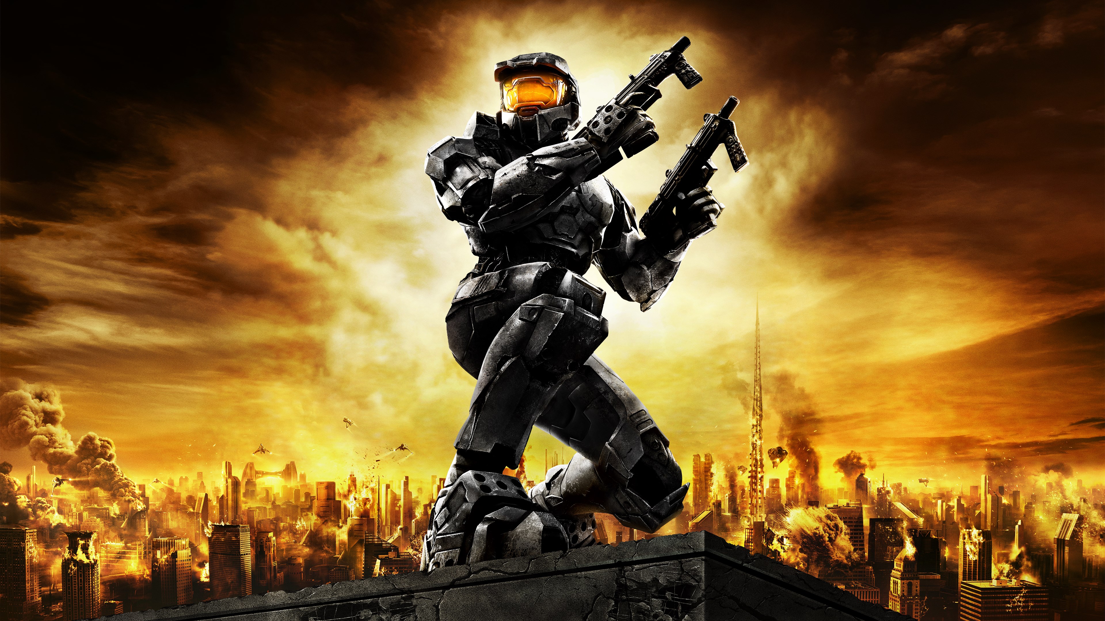 Illustration officielle de Halo 2: Anniversary : le Major tient deux armes devant une ville illuminée par un ciel orange.