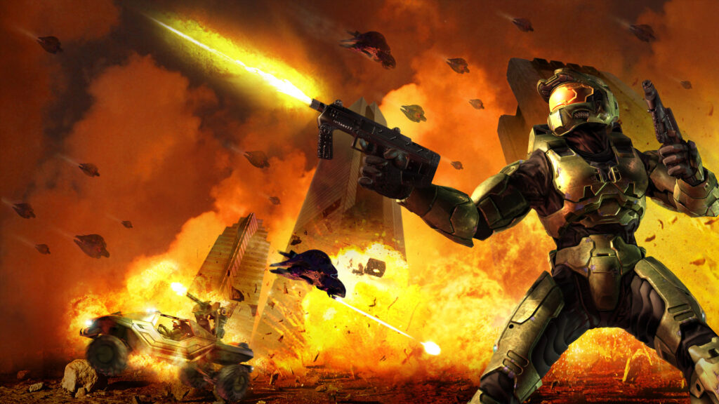 Illustration promotionnelle originale de Halo 2 : le Major tire avec deux armes devant des explosions orangées.