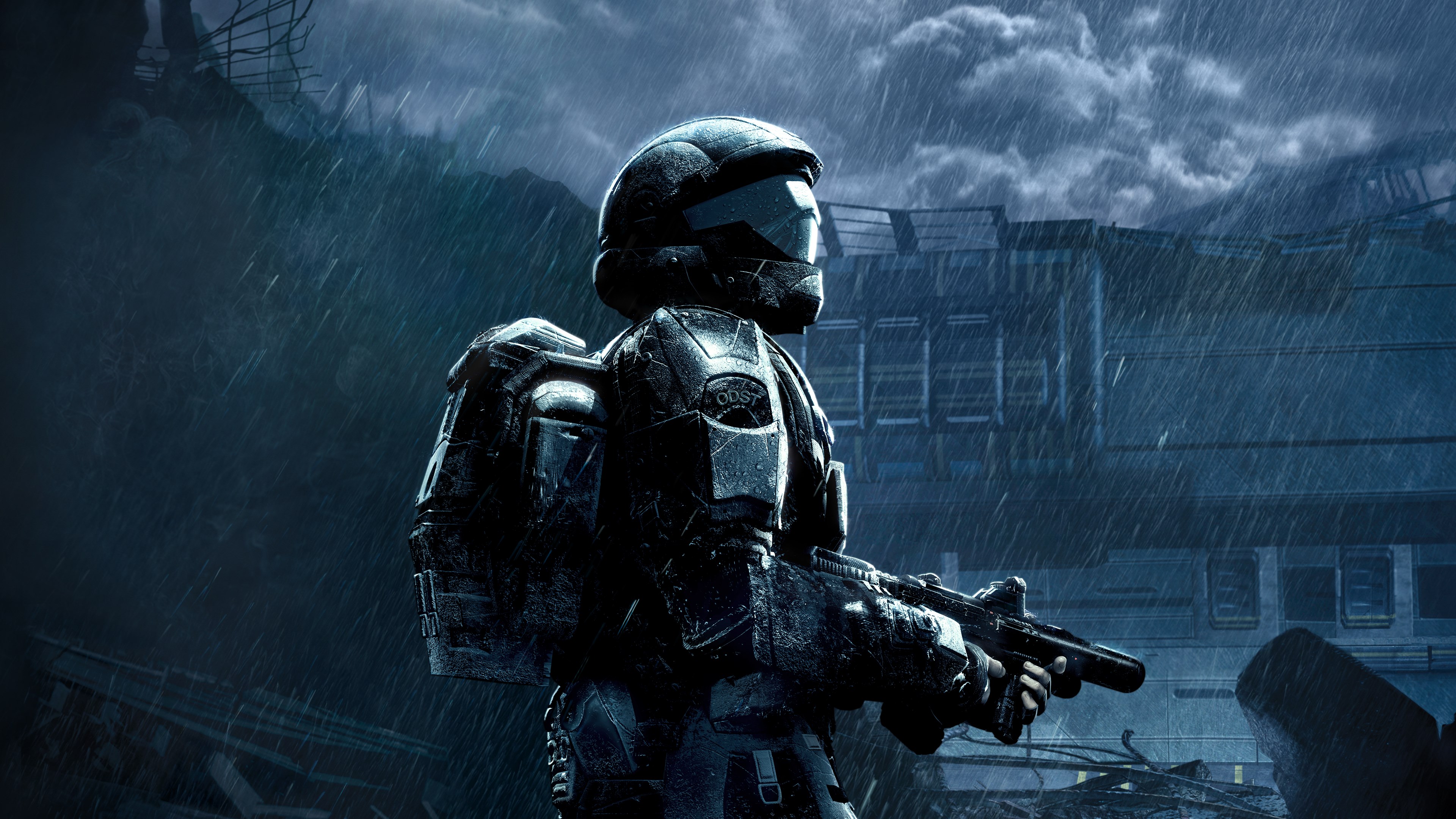 Illustration officielle de Halo 3: ODST : soldat en armure devant New Mombasa sous un ciel nocturne.