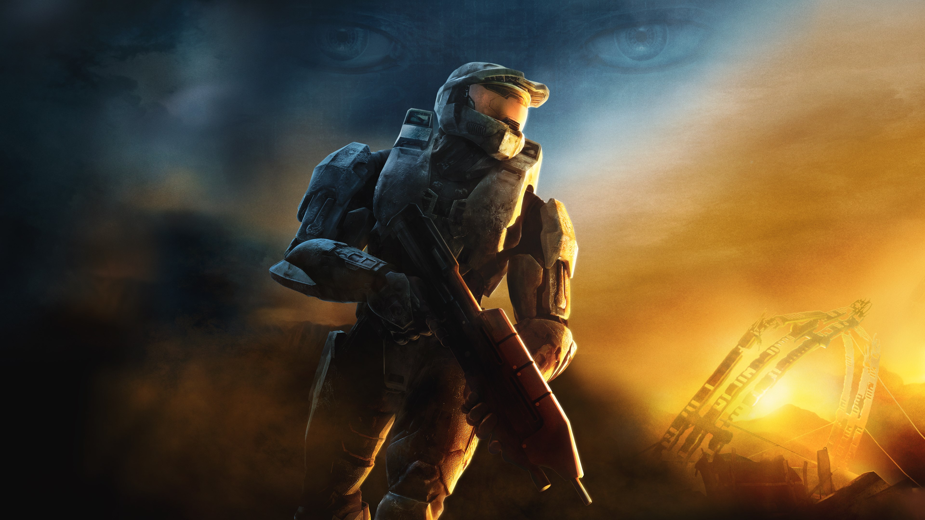 Illustration officielle de Halo 3 : le Major armé devant un horizon orangé et un ciel sombre.