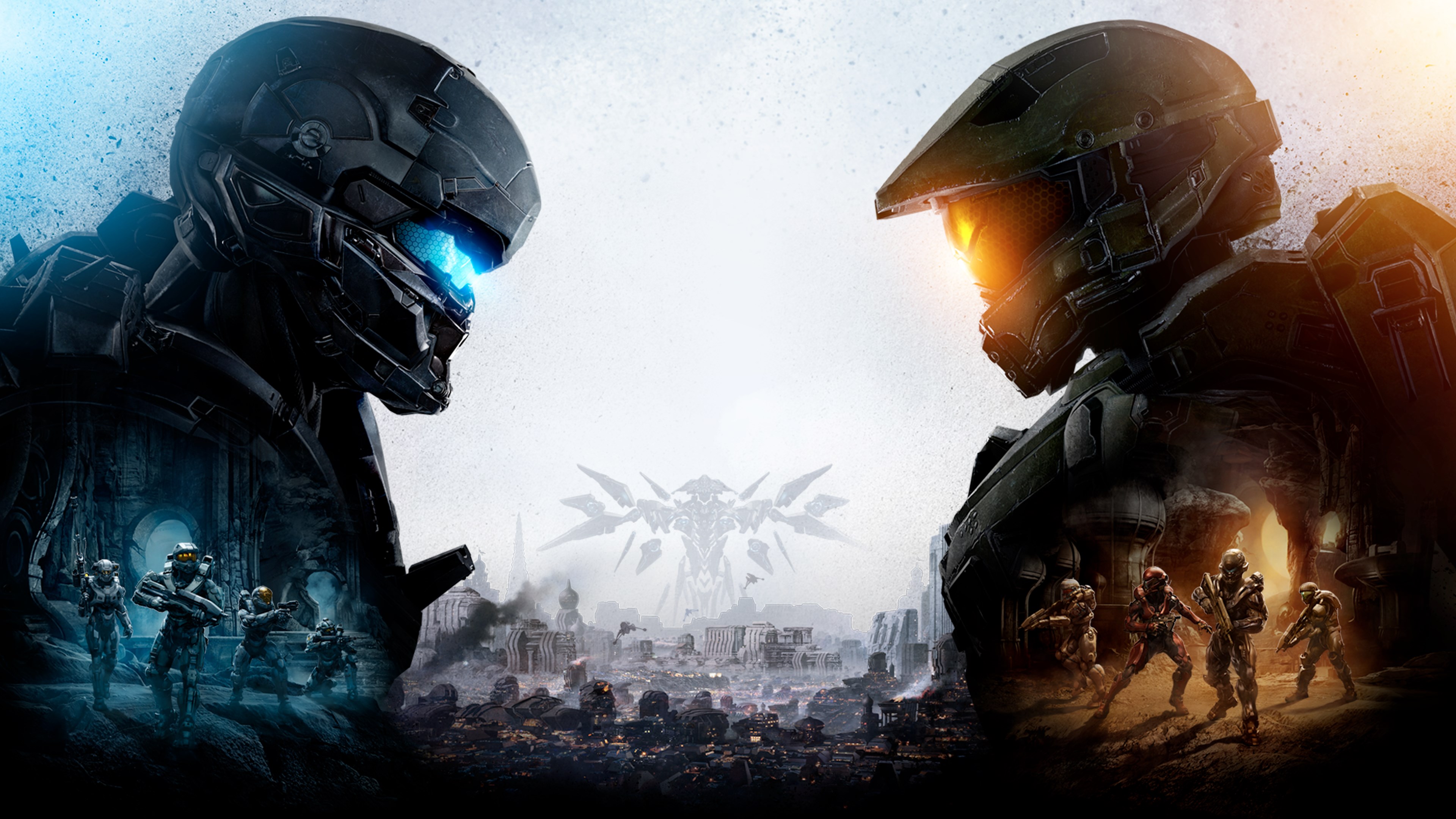 Illustration officielle de Halo 5: Guardians : Locke et le Major se font face, avec leurs équipes en contrebas.