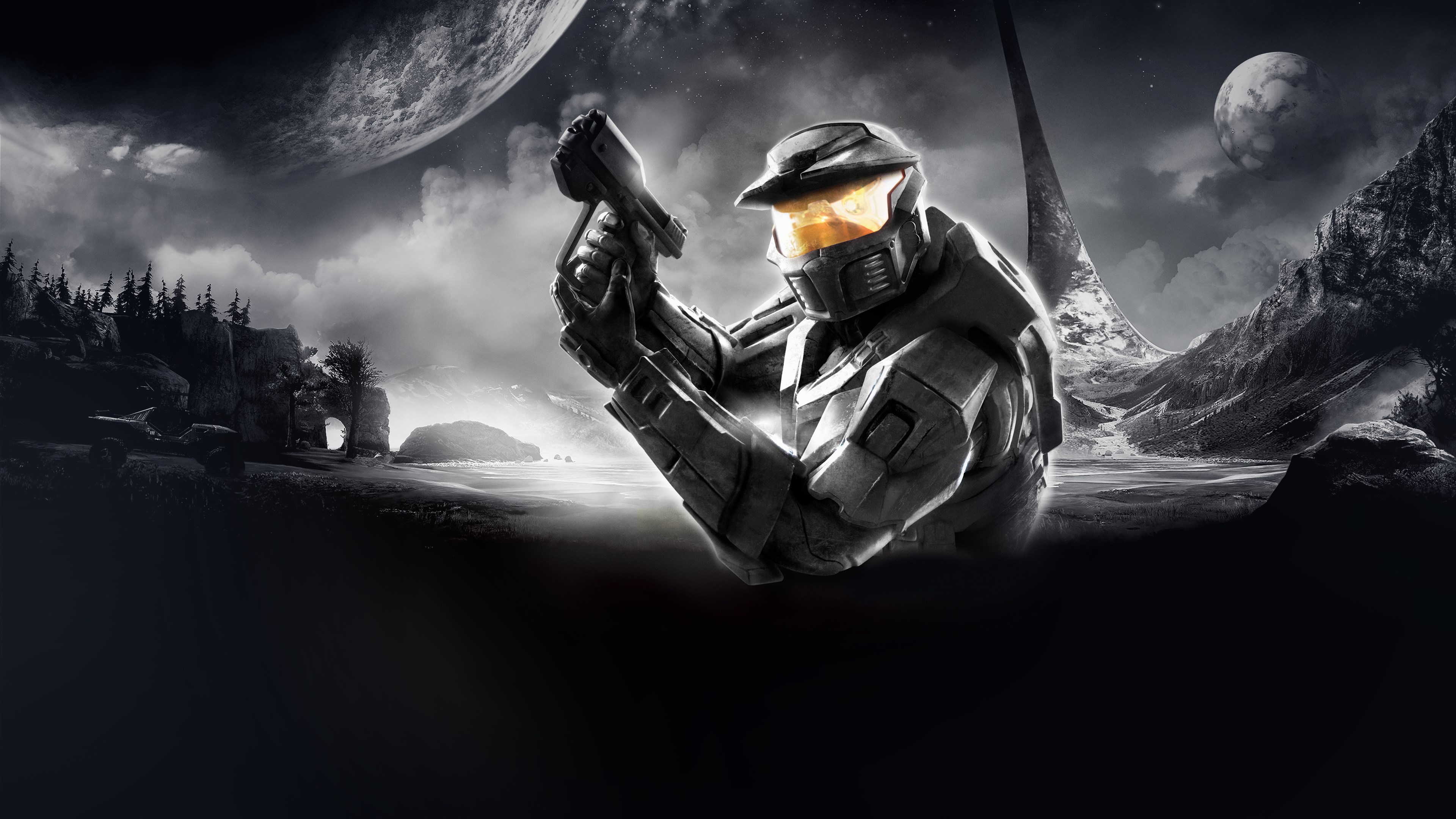 Illustration officielle de Combat Evolved Anniversary : le Major lève son arme devant un paysage d’anneau en noir et blanc.