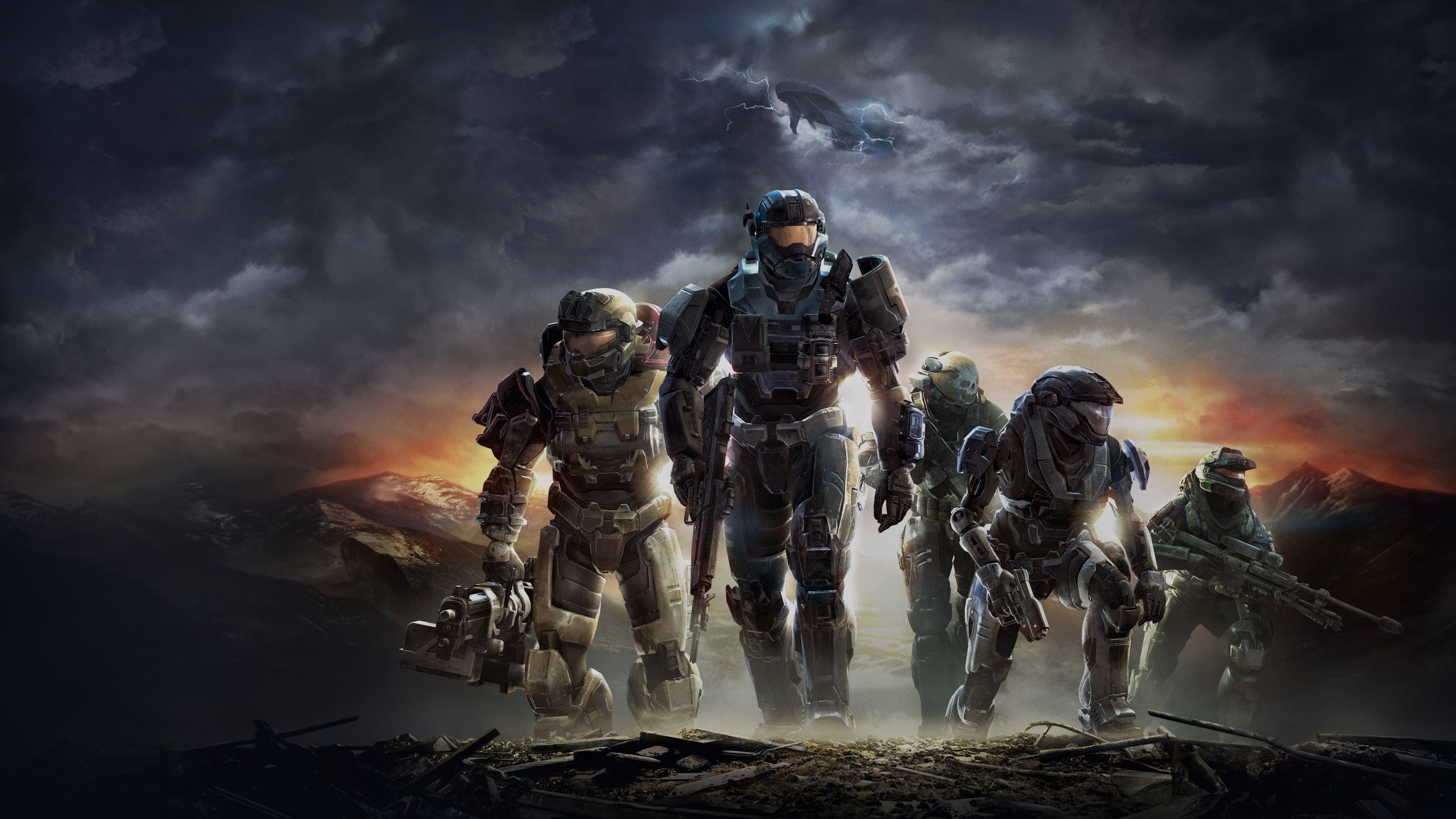 Illustration officielle de Halo: Reach : la Noble Team avance sous un ciel orageux.