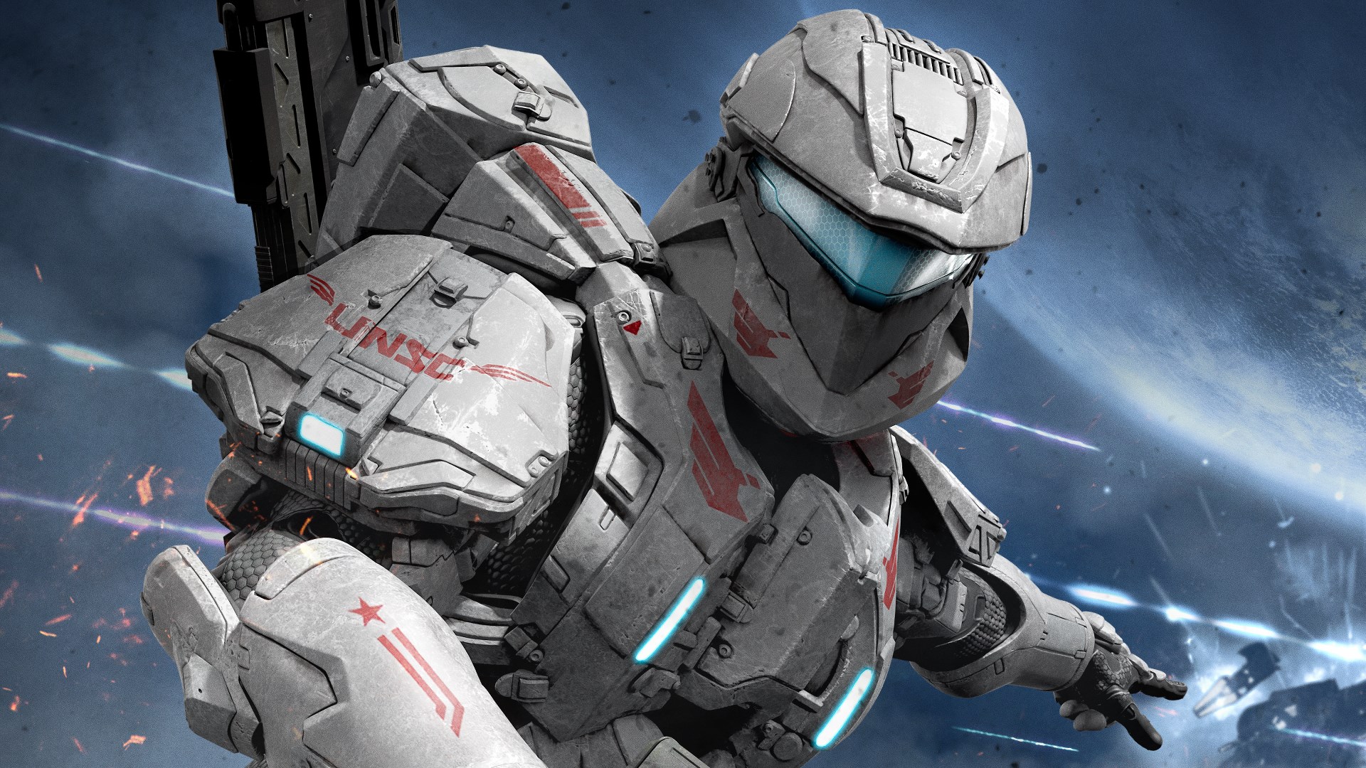 Illustration officielle de Halo: Spartan Assault : Sarah Palmer en armure blanche devant un champ de bataille spatial.