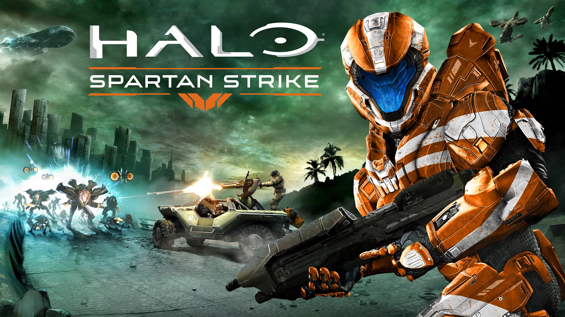 Illustration officielle de Halo: Spartan Strike : Spartan en armure orange, véhicules et titre du jeu.