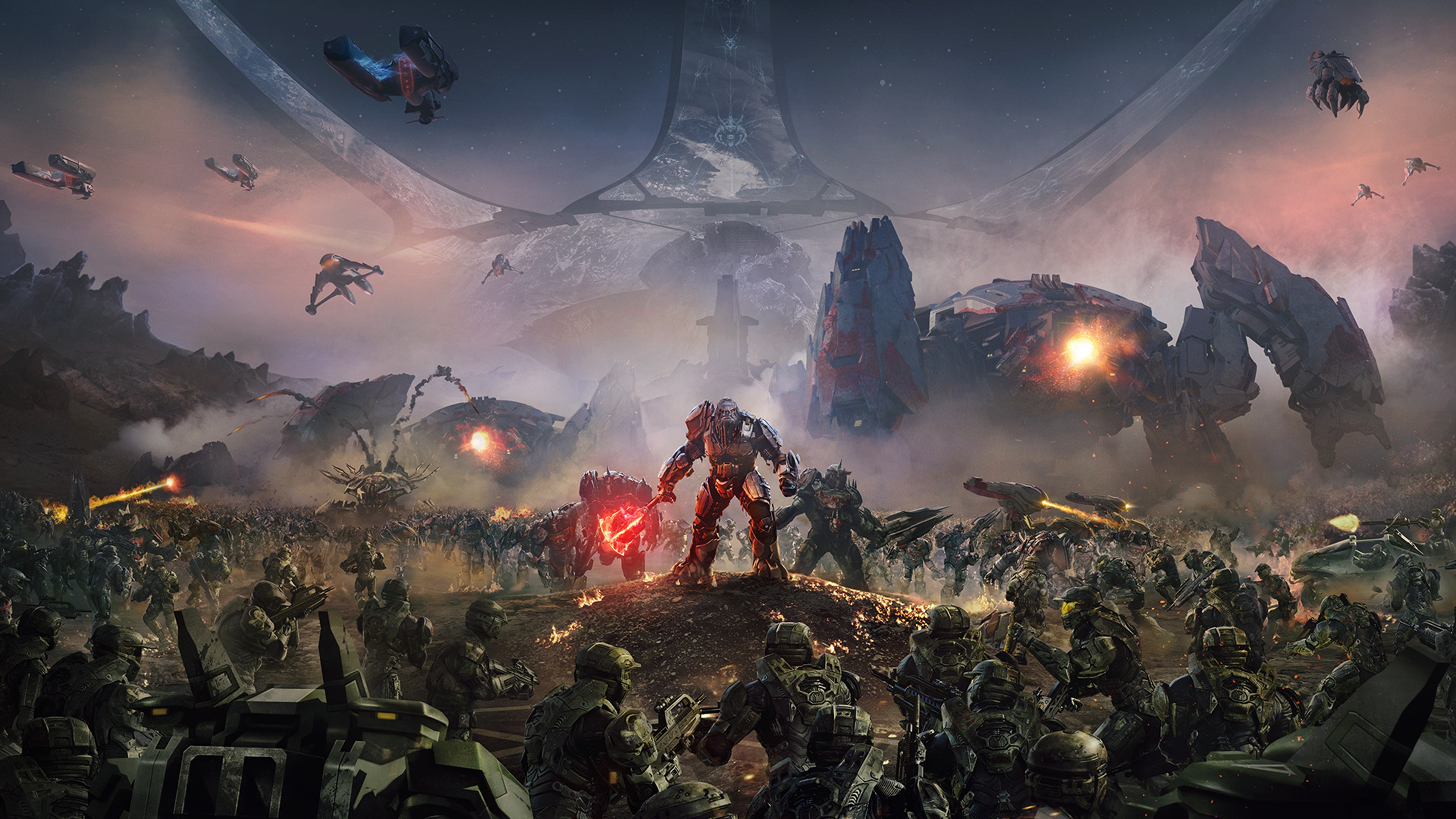Illustration officielle de Halo Wars 2 : Atriox et les Parias affrontent l’armée de l’UNSC sur l’Arche.