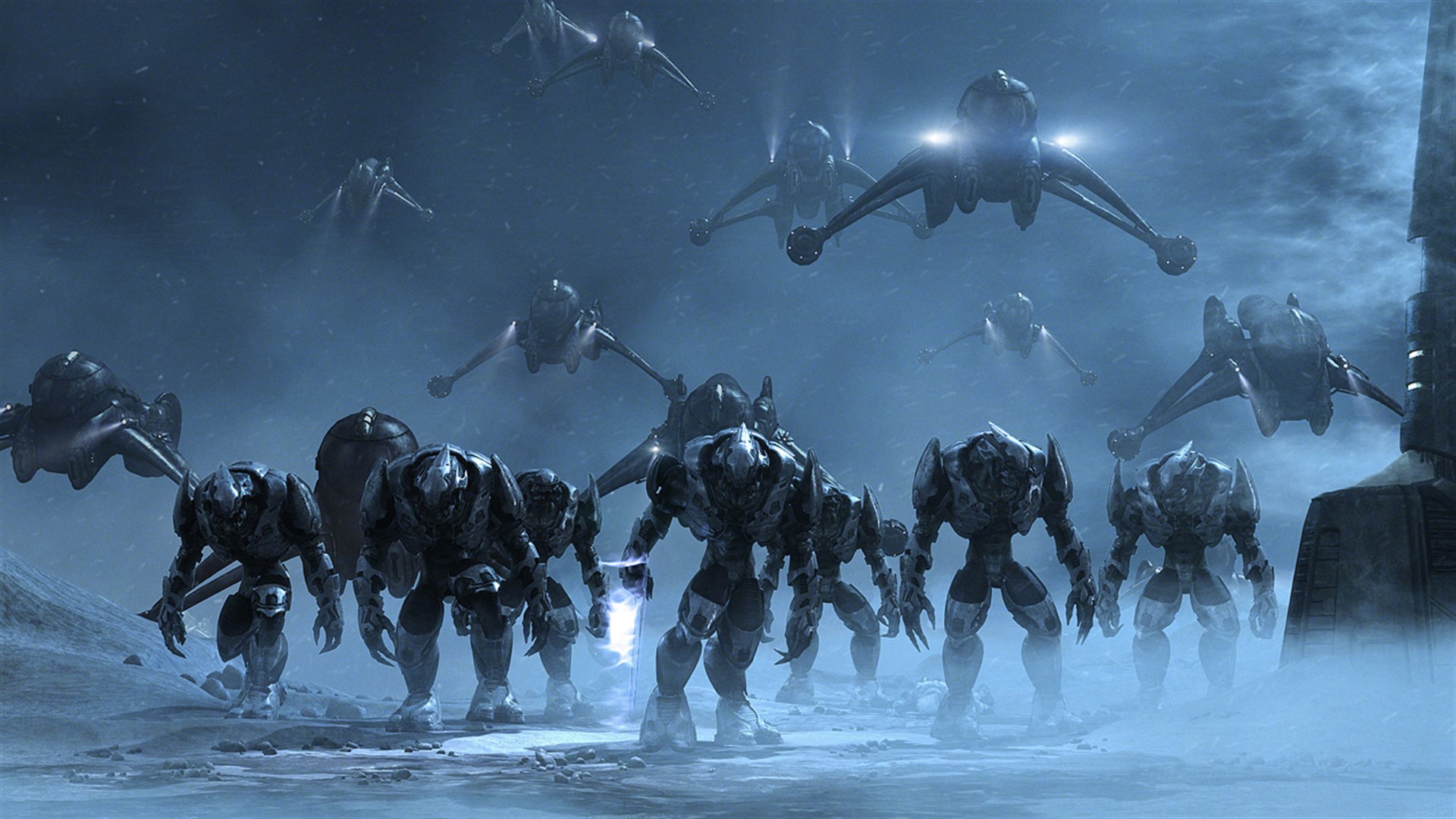 Illustration officielle de Halo Wars : une formation de Spartans et d’aéronefs avance dans la brume bleue.