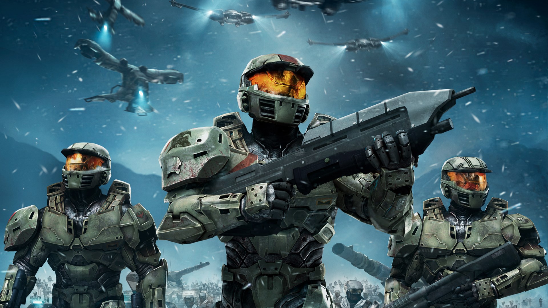 Illustration officielle de Halo Wars: Definitive Edition : trois Spartans armés devant des aéronefs.