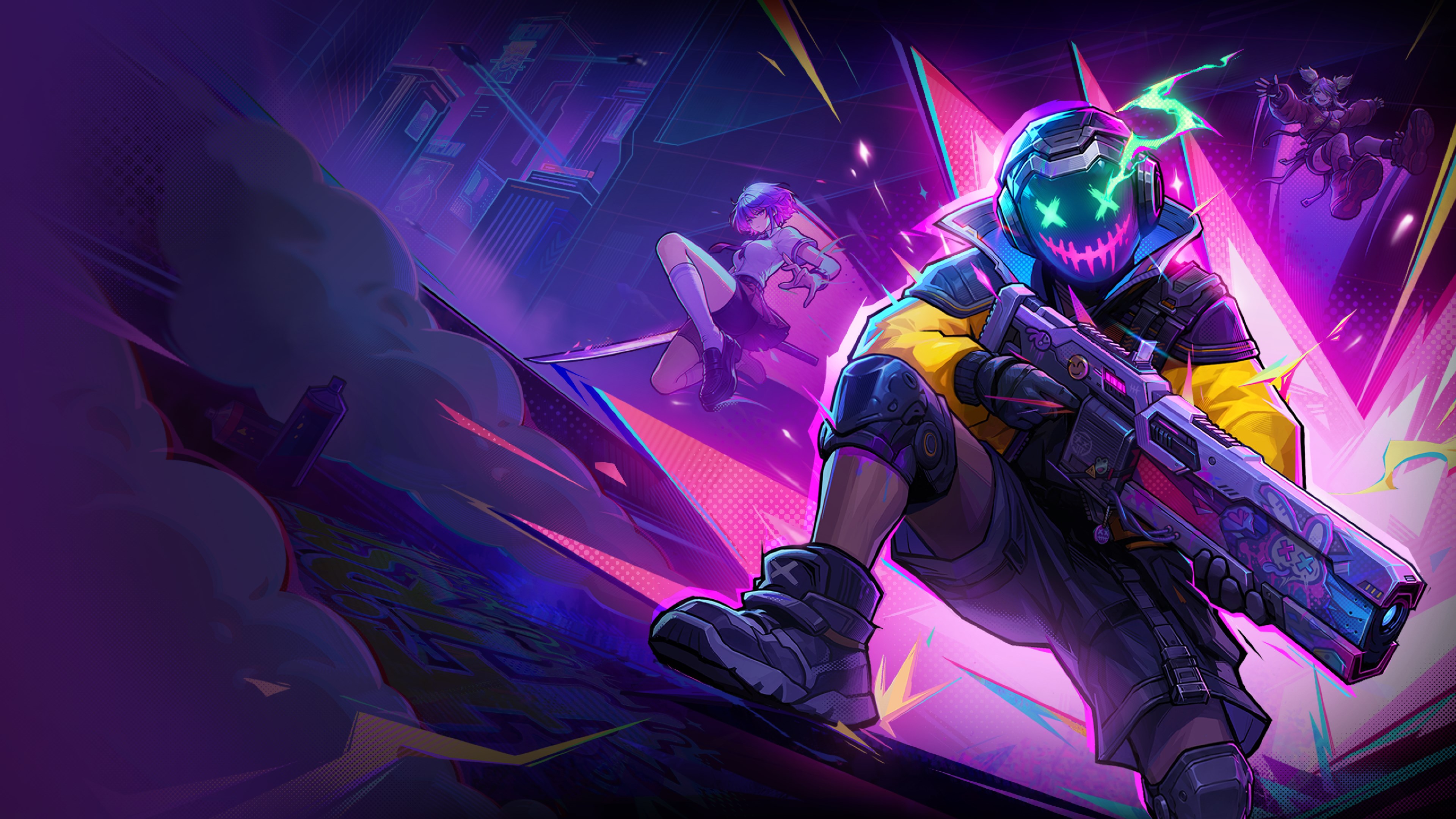 Personnages armés et compagnons dans un décor violet et turquoise, key art officiel de Neon Abyss 2.