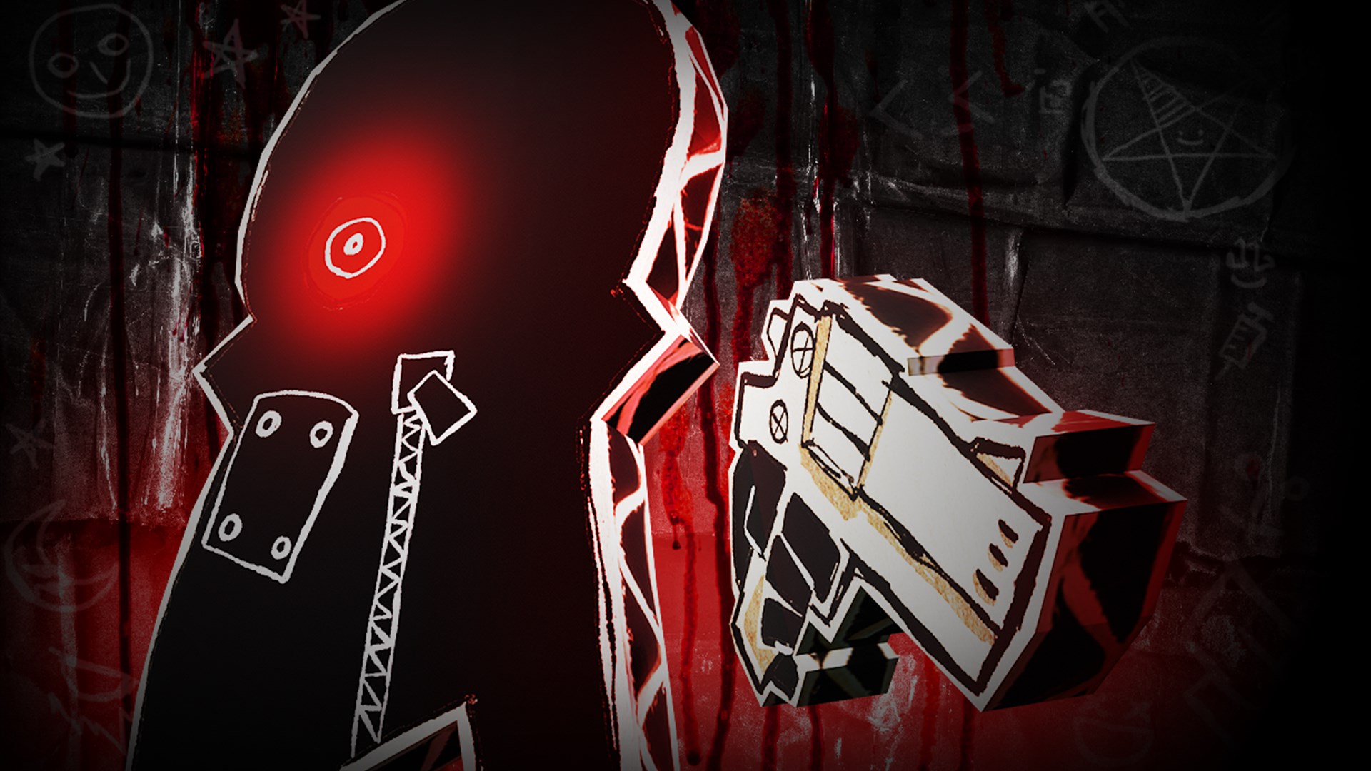 Personnage inquiétant et arme de carton sous une lumière rouge, illustration officielle de PAPERHEAD.