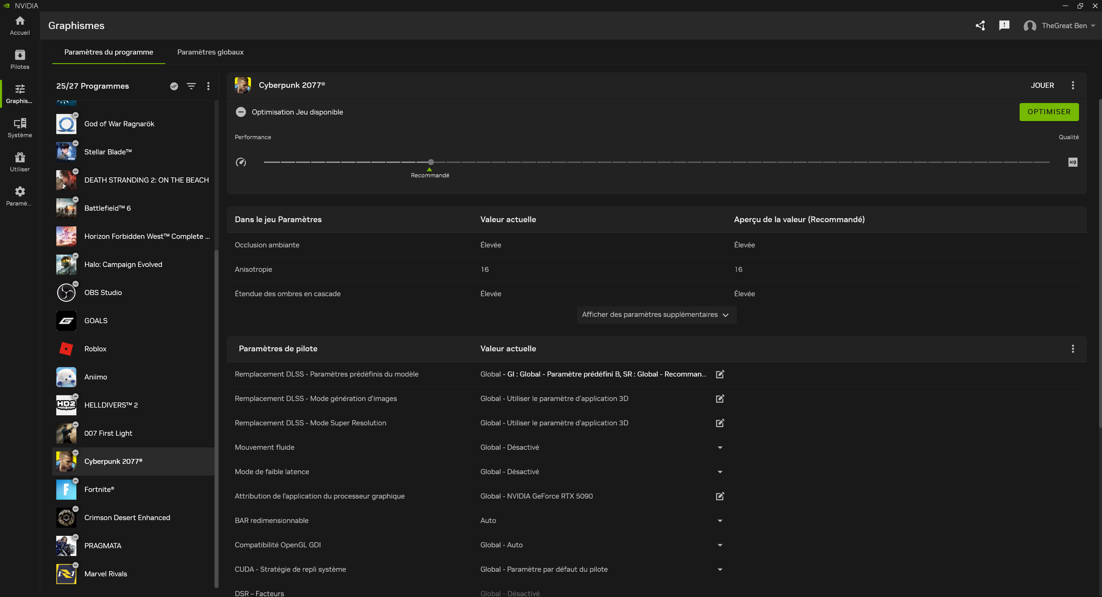 La liste des jeux dans « Paramètres du programme ».