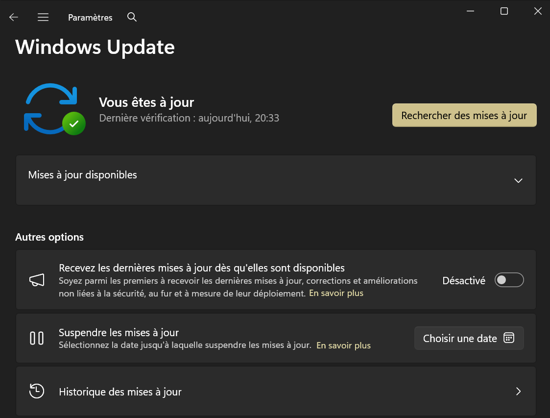 Windows Update dans les Paramètres, bouton « Rechercher des mises à jour ».