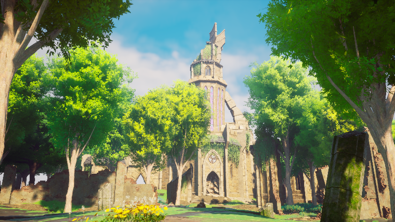 Bâtiment en pierre entouré d’arbres dans Dragonwilds.