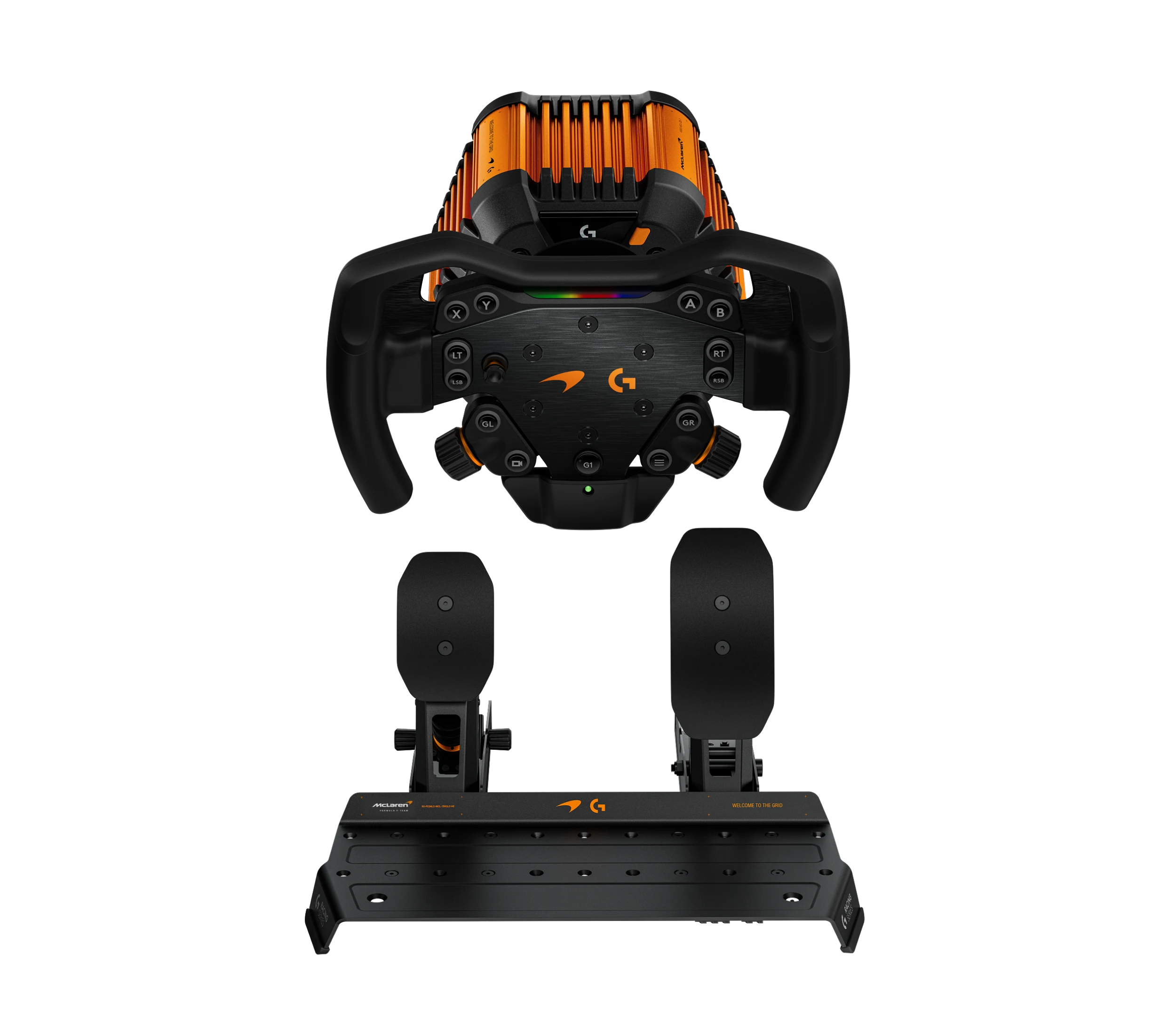 Base orange et noire, volant Formula et pédalier du coffret Logitech RS50 McLaren Racing