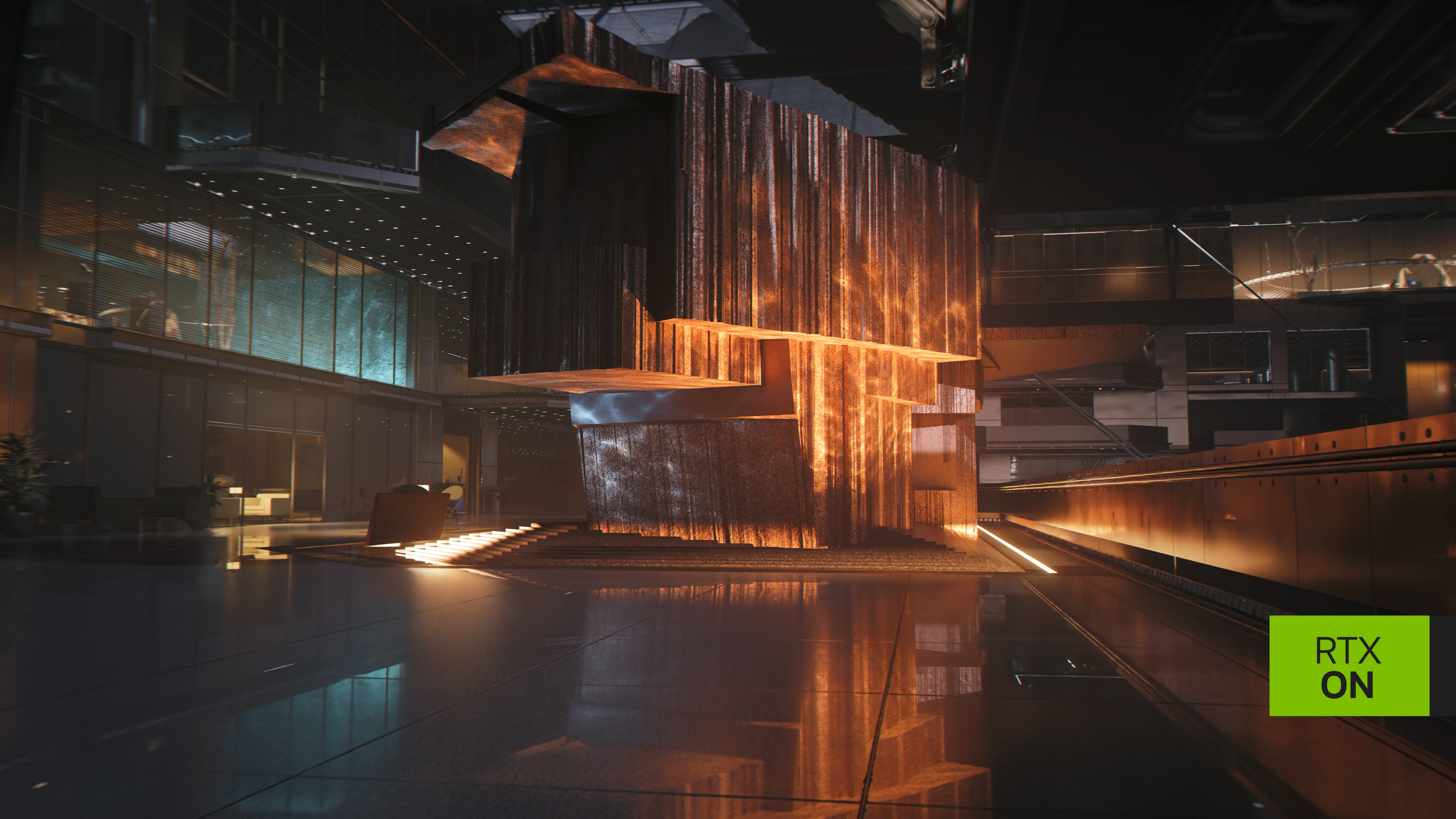 Atrium de 007 First Light avec une sculpture éclairée et ses reflets au sol, path tracing activé.